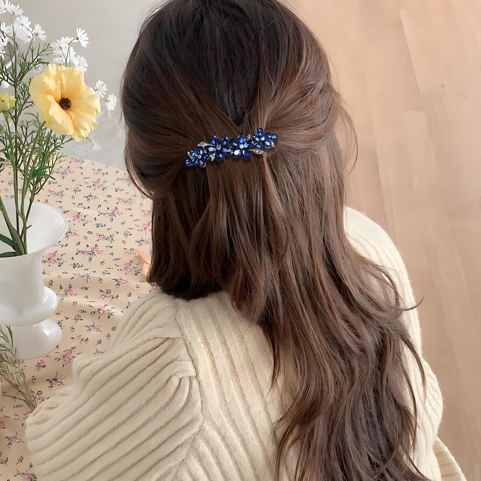 2 fermagli per capelli blu da donna, fermagli con strass e cristallo di alta qualità, accessori per capelli da donna con capelli sottili e spessi, presa sicura per varie acconciature