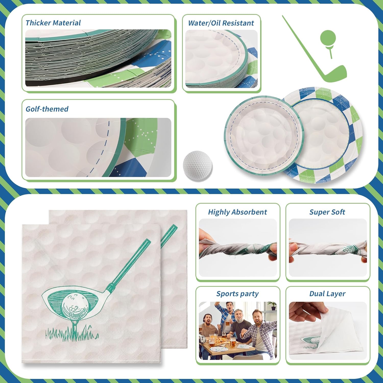 150PCS Golf Party Decorations - Disposable Plates and Napkins for 50 Guests, Paper Tableware Supplies for Birthday Parties, Baby Shower, Game Day, Team Event, and Themed Celebration