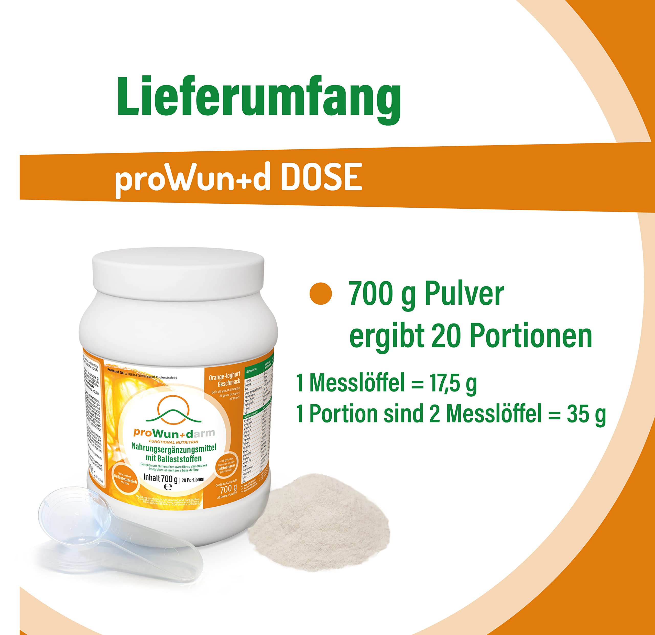 proWun+darm 700g, Nahrungsergänzungsmittel mit Ballaststoffen, Haferfaser, L-Arginin, L-Glutamin, Vitamine A+B+C+D+E, Magnesium, Selen, Zink, laktosefrei, Orange-Joghurt-Geschmack, Dose mit Pulver, 20 Portionen (1 Dose, 700g Pulver)