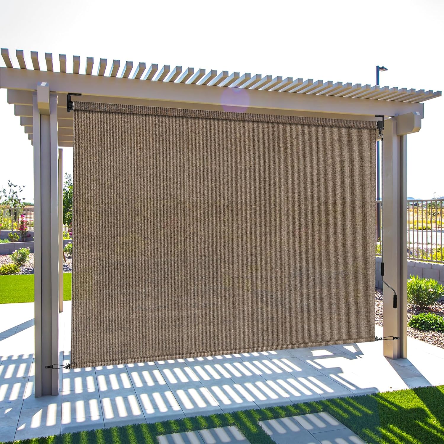 LIFERUN Outdoor Roller Sun Shade 8' W x 6' H, HDPE Shade Cloth for Patio Pergola, Aluminum Tube with Cordless Wand Crank Operation, Sunshade for Outdoor Patio, Porch, and Garden(Coffee)