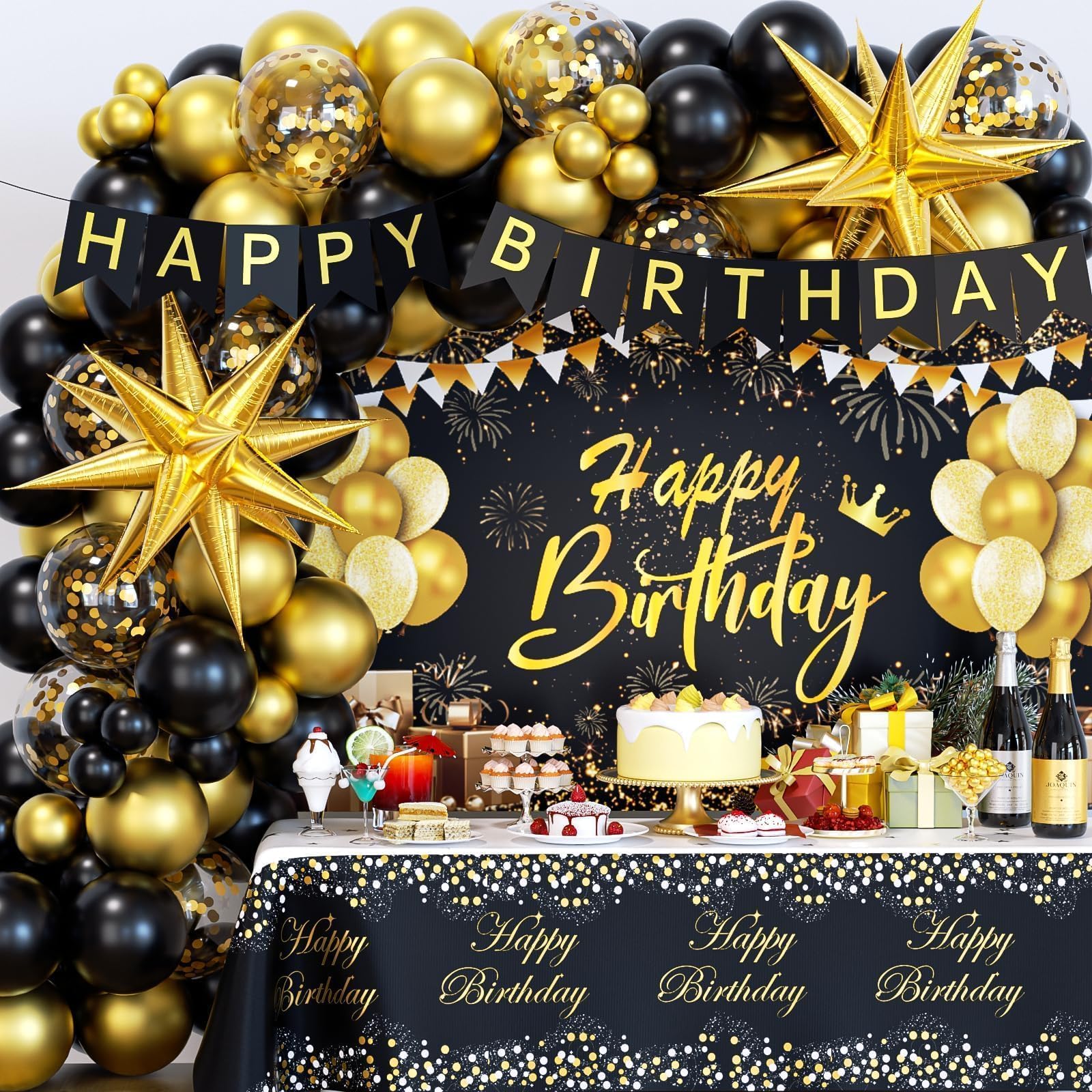 Black and Gold Birthday Decorations for Men Women, 71pcs Black and Gold Party Decorations with Backdrop, Tablecloth, Gold Foil Balloons, Banner,