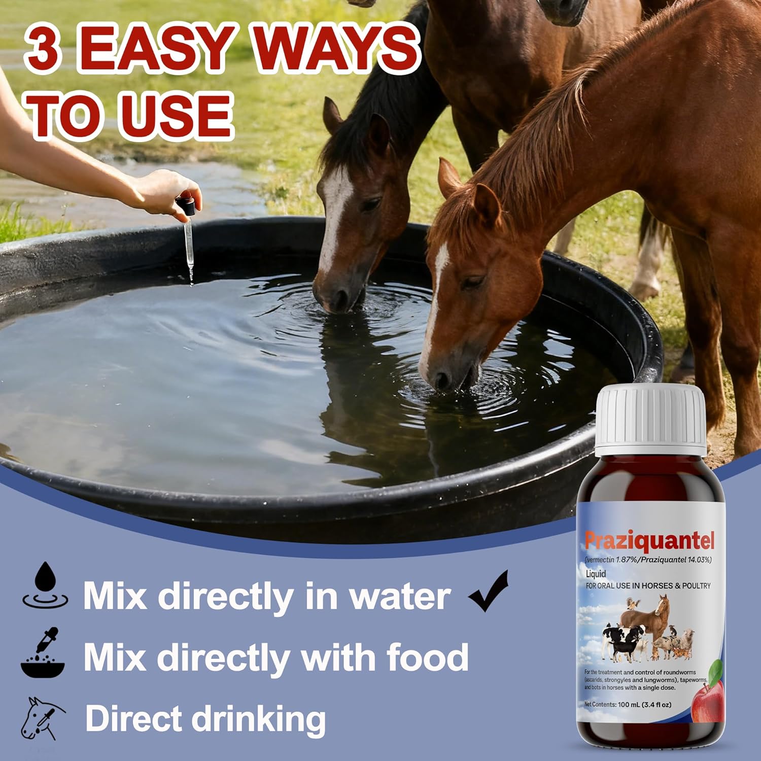 Praziquantel for Horse & Poultry, Supports Digestive Balance & Routine Internal Care, 100ml