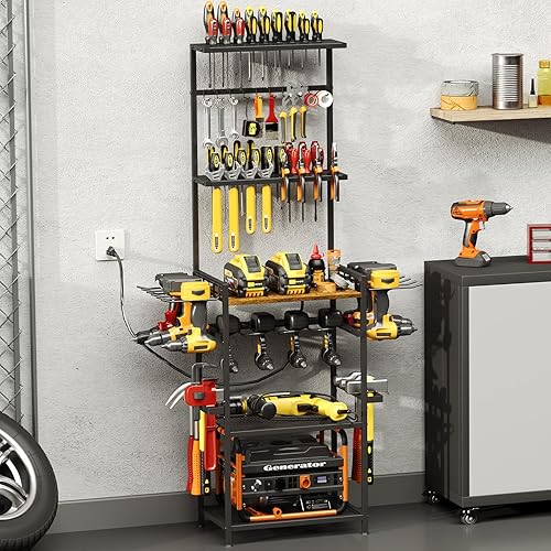Floor Power Tool Storage Organizer With Charging Station, Heavy Duty Cordless Tool Holder Cart with 3 Shelves, Large Capacity Tool Shelf Rack Stand Drill Screwdriver Tool Box Organization and Storage