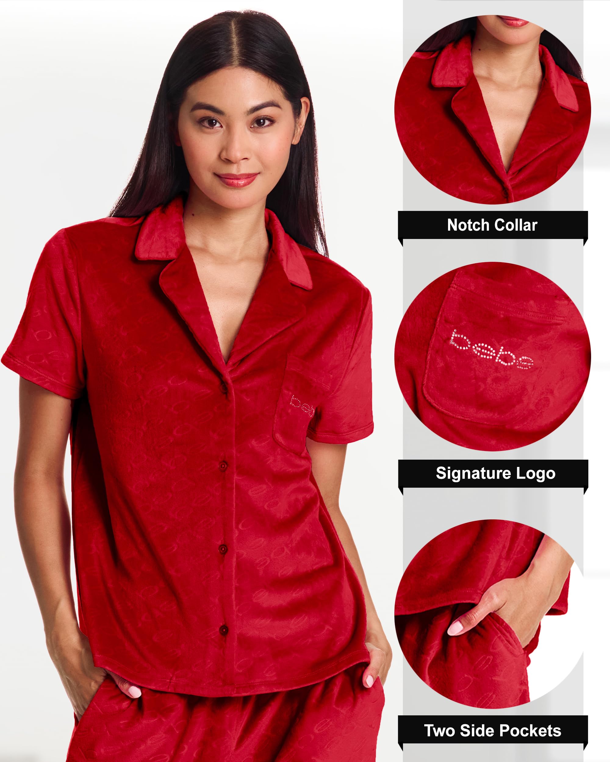 bebe Soft Velour Pajamas for Women, Red PJs for Women Set, Velour Set for Lounge and Sleep (Crimson, Large)