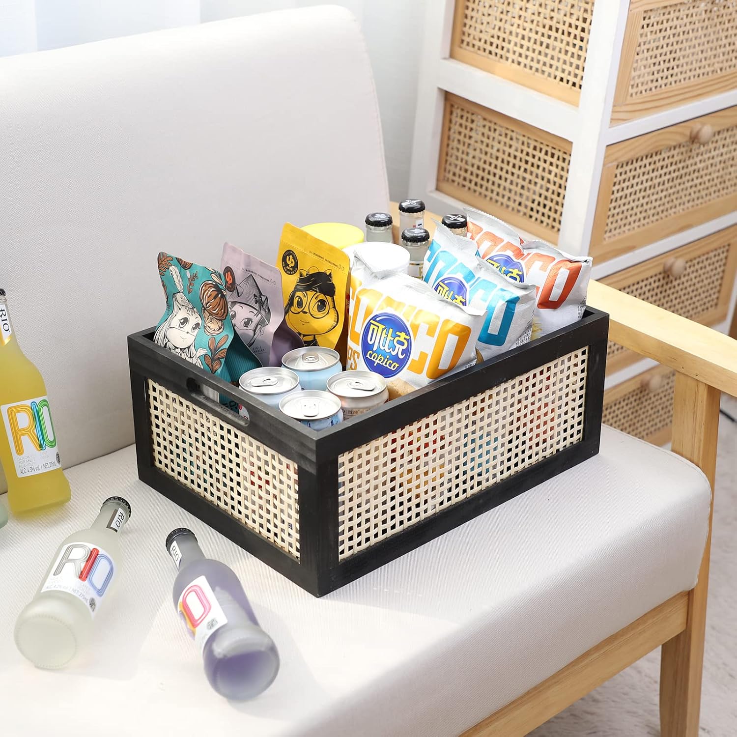 Black Wooden Basket, Rattan Storage Basket for Organizing, 14.96"x11.02"x6.30"