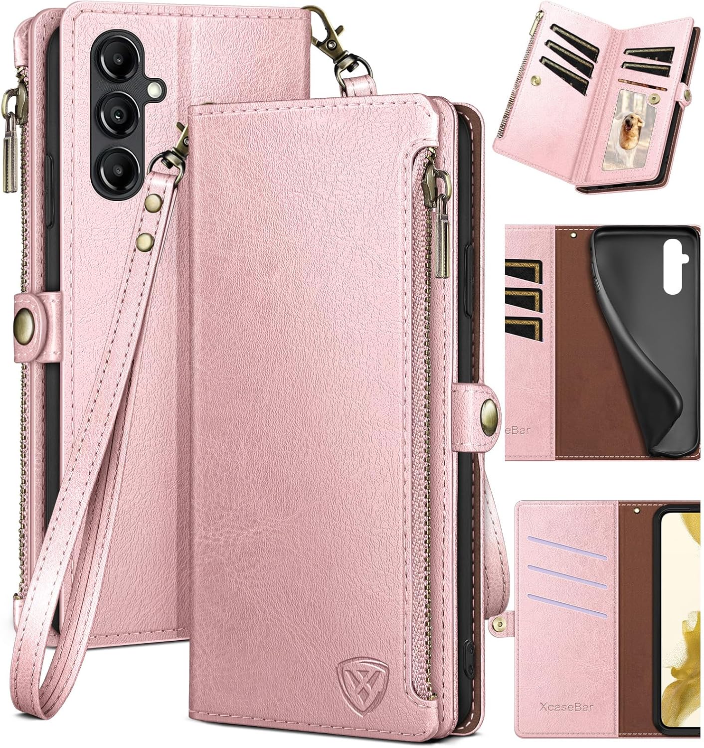 XcaseBar for Samsung Galaxy A35 5G Wallet case with Zipper Credit Card Holder?RFID Blocking?, Flip Folio Book PU Leather Phone case Shockproof Cover Women Men for Samsung A35 case Rose Gold