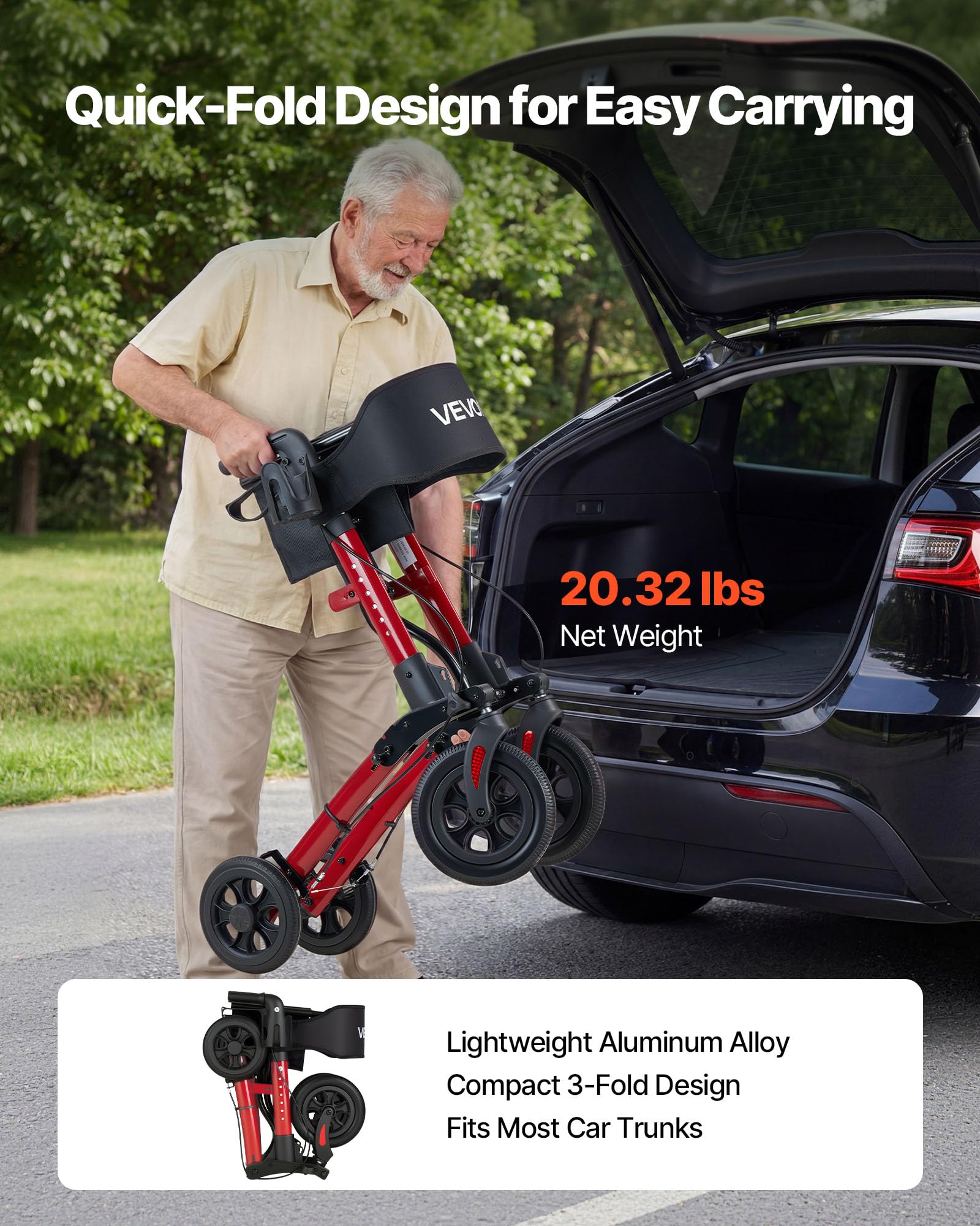 VEVOR Deambulatore con Sedile Carico Max 136 kg per Sostegno Camminata, Deambulatore Pieghevole in 3, Ausilio Struttura in Alluminio con Ruote Maniglia Regolabile e Porta Bastone, per Anziani Disabili