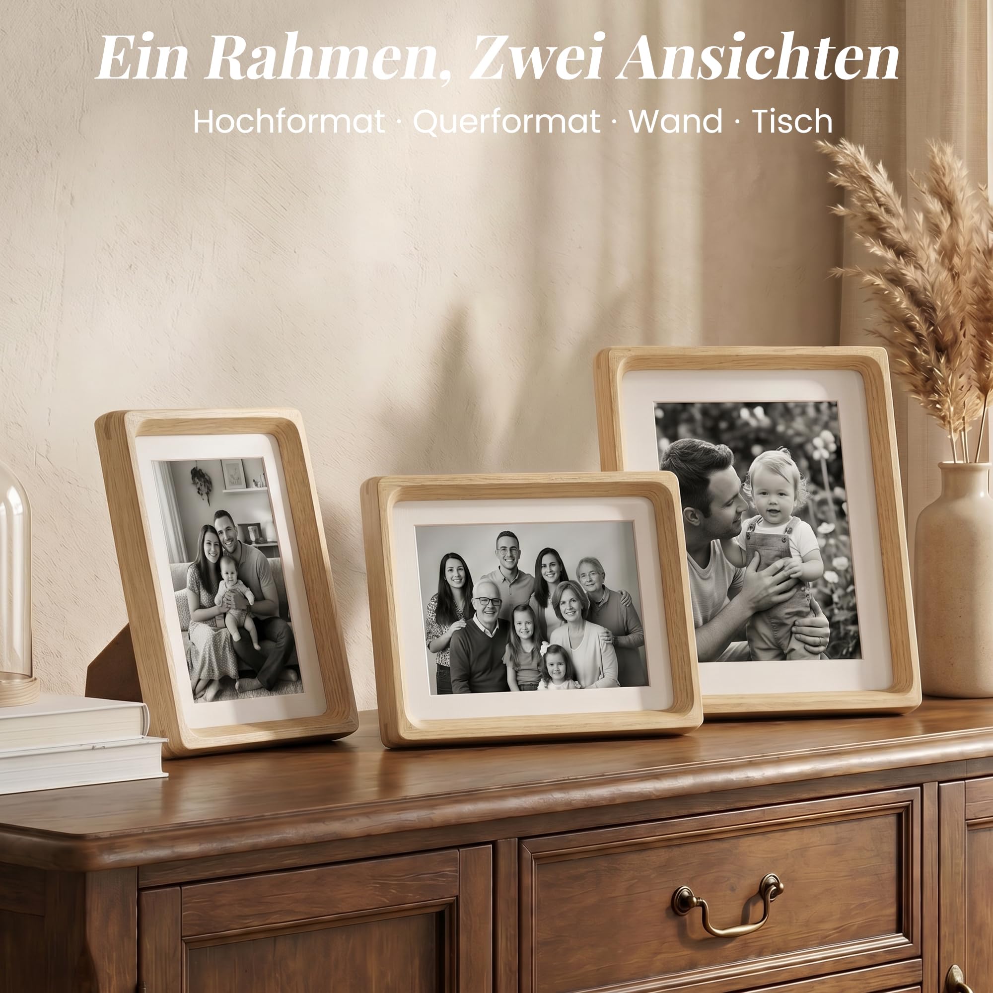 Bilderrahmen A1 (59.4x84cm) aus Massivholz Eiche, Hochtransparentes Temperglas, Handgefertigter Ecken Posterrahmen mit Passepartout für A2 (42x59.4cm), Einzelzapfen, Wandmontag