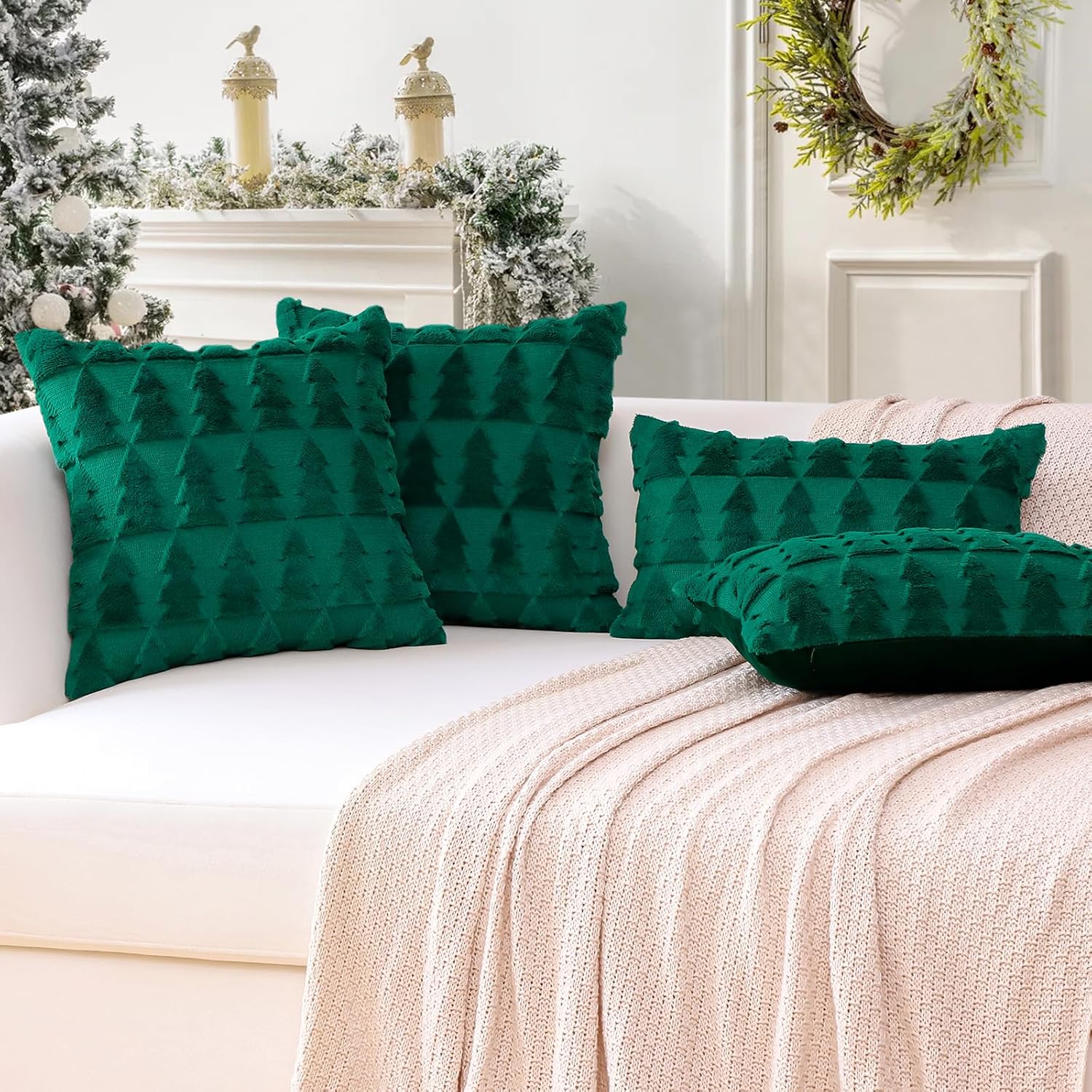 OTOSTAR Set of 2 Xmas Soft Plush Short Wool Velvet Decorative Throw Pillow Covers Square Luxury Style Cushion Case Pillow Shell for Sofa Bedroom Christmas Tree Green, 26x26 Inch