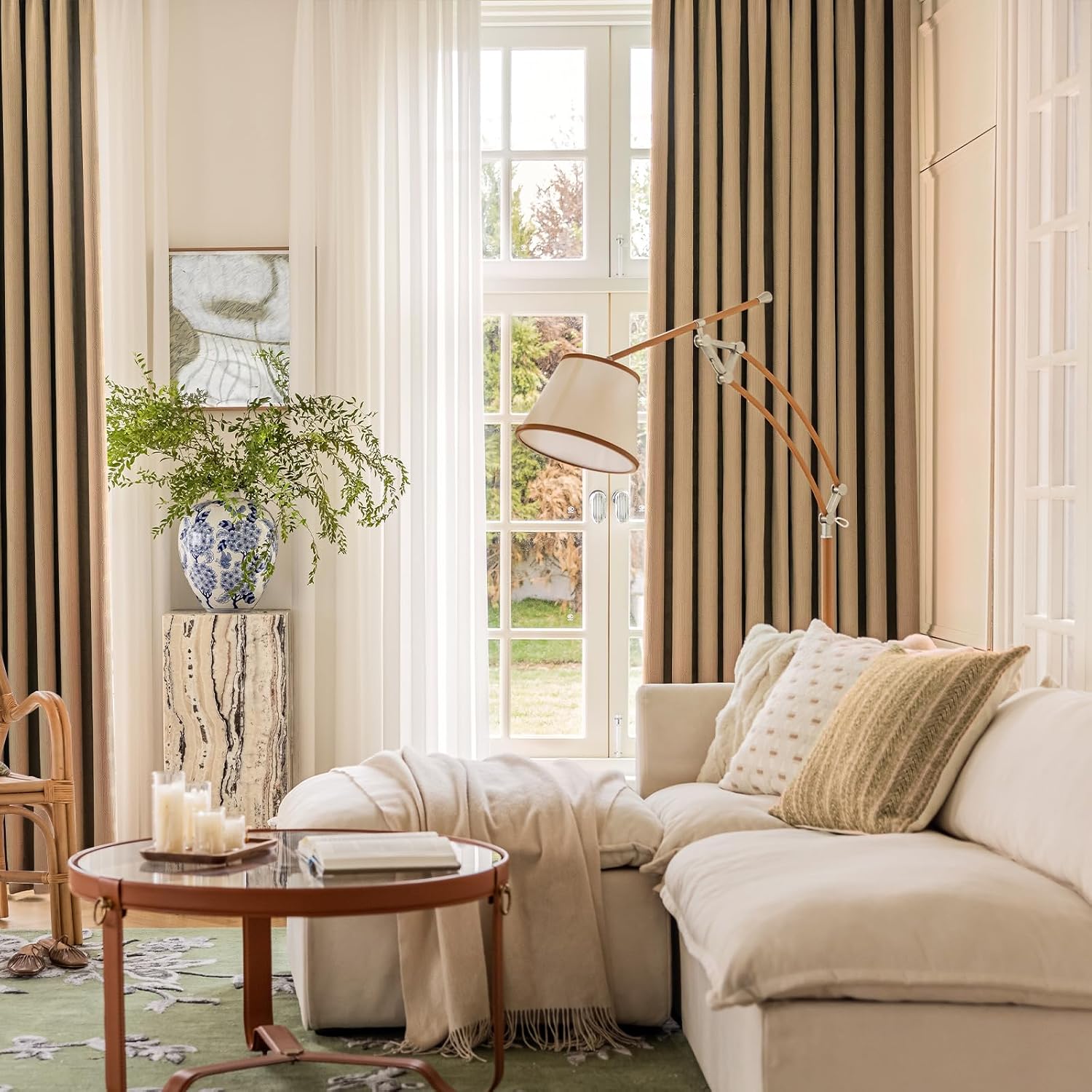 UNISTAR Luxury Curtains for Living Room Faux Linen Blackout & Noise Reducing Thick Window Curtains Arch Texture Burlap Bedroom Curtains, 52 x 84 inches, Taupe