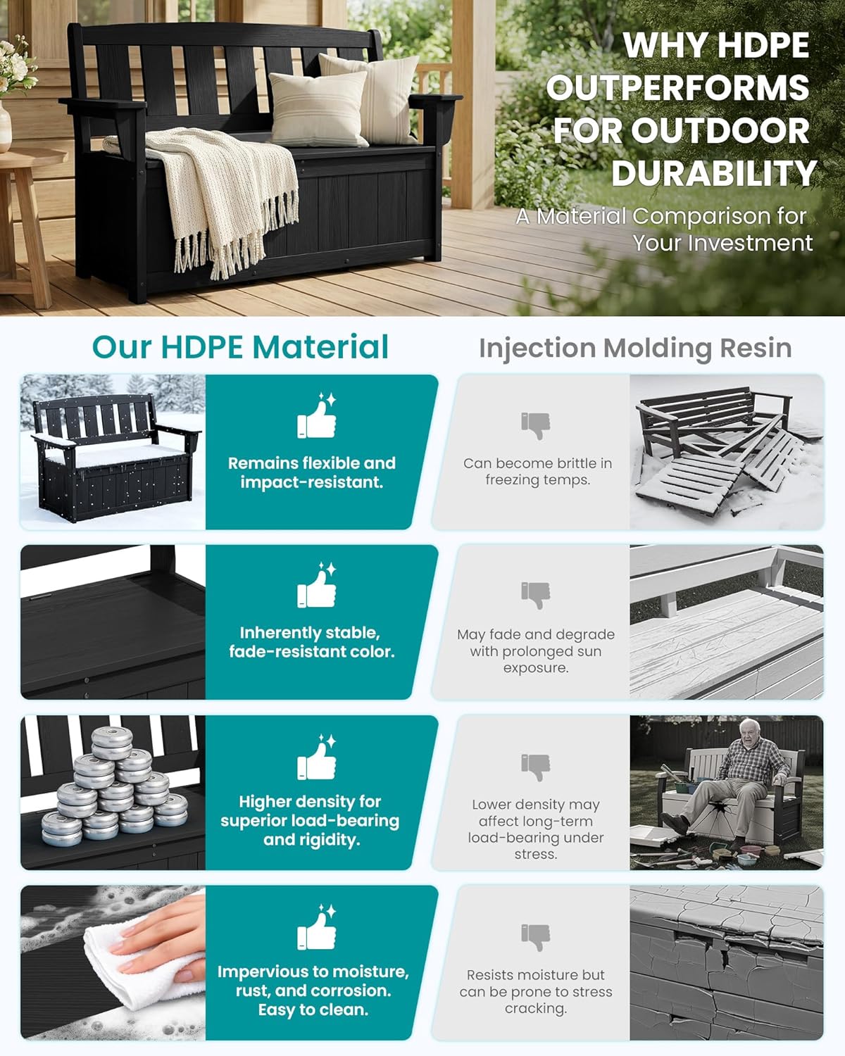 SERWALL HDPE Outdoor Storage Bench, All-Weather, UV-Resistant Deck Box with Waterproof Storage Bags, 57 Gallon Dual-Use Seat & Organizer Deck Boxes for Patio, Garden Tools & Pool (Matte Black)