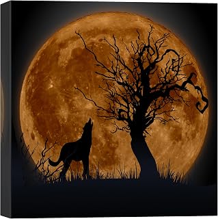 SIGNWIN Canvas Print Wall Art Harvest Moon Night Sky Forest Tree Wolf Silhouette Nature Wilderness Digital Art Modern Art Rustic Landscape Scenic for Living Room, Bedroom, Office - 24x24 inches