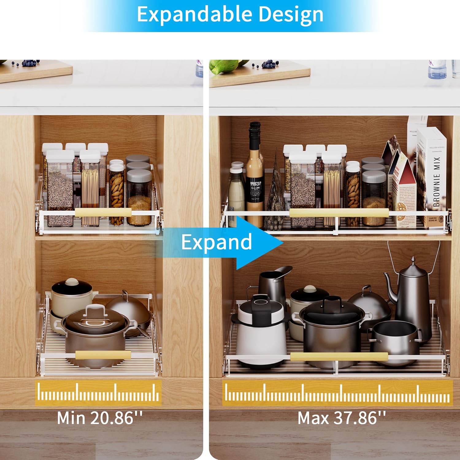Expandable Pull Out Drawer Cabinet Organizer, Adjustable Width Bottom-Mounted Slide Out Storage Shelves for Cabinets, Required Cabinet Size (W: 20.86"~37.86", D≥22.5"), 2 Pack