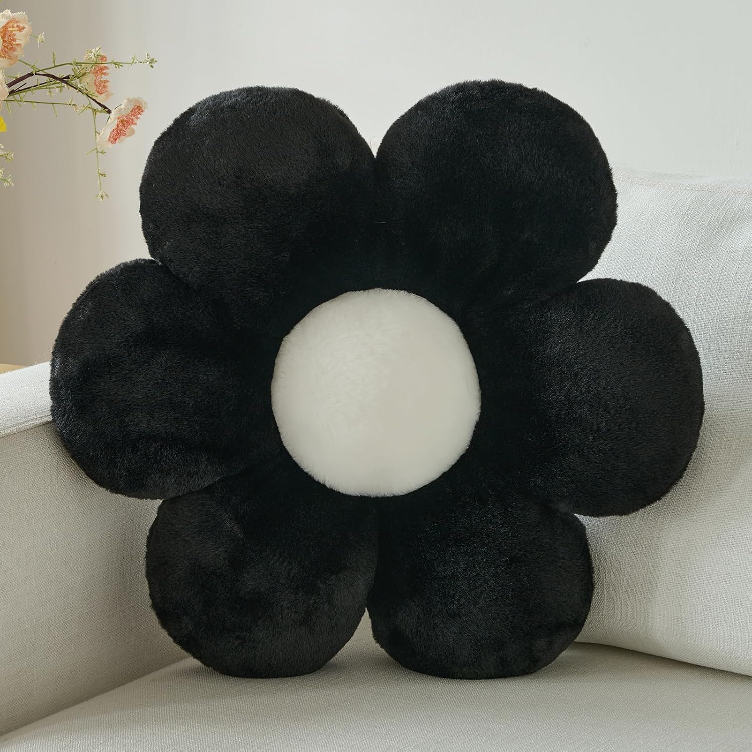 Flower Pillow, Decorative Throw Pillows for Couch Bed, Cute Daisy Home Decor Flower Shaped Pillows for Bedroom Living Room (Black, 19.6 Inches)
