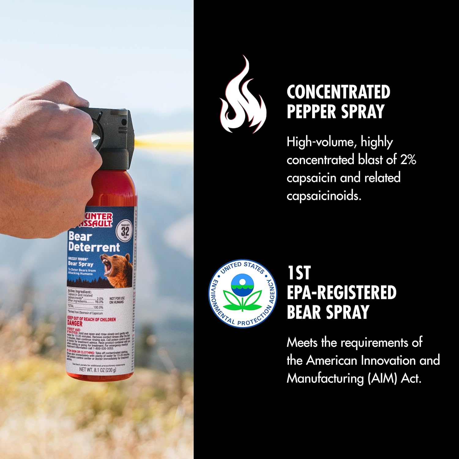 Counter Assault Bear Spray - Bears, Mountain Lions, Coyotes - Long-Range 32ft Distance - Pepper Spray Safety Gear for Hiking & Camping Protection - 2% Capsaicin - 8.1 oz