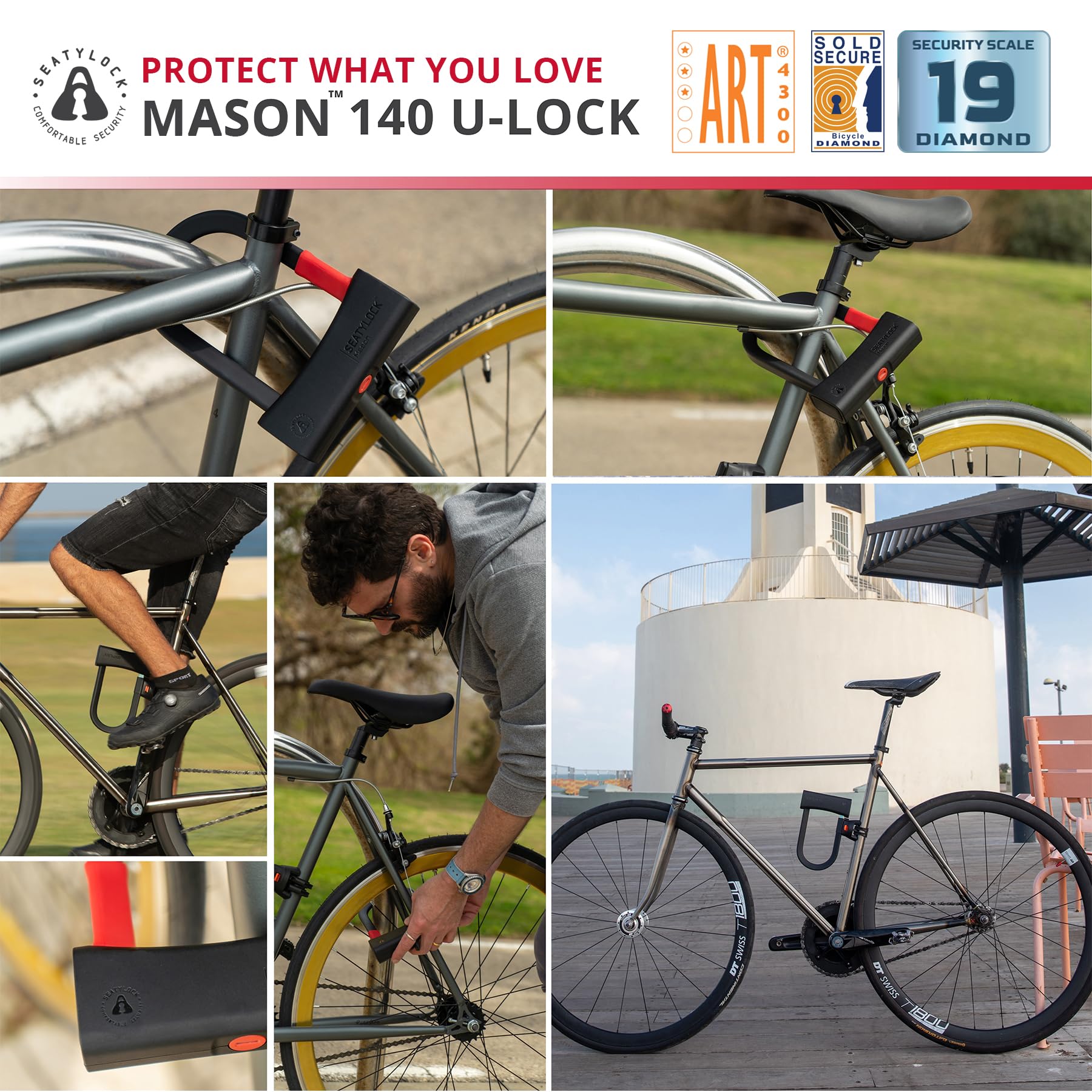 Seatylock Mason - Lucchetto a "U" per bici - Lucchetto antifurto a diamante brevettato, resistente, ultra sicuro, per la sicurezza delle biciclette, con chiavi, per biciclette elettriche urbane o da