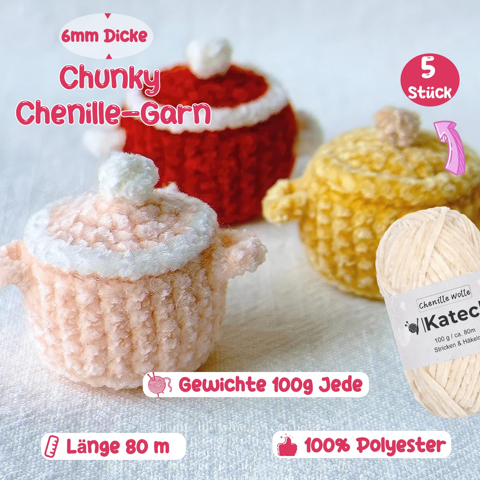 Aeeque Lana Ciniglia Spessa Per Uncinetto – 3 Gomitoli Da 100g Bianchi Con Accessori (forbici, Aghi, Marcapunti) - 3