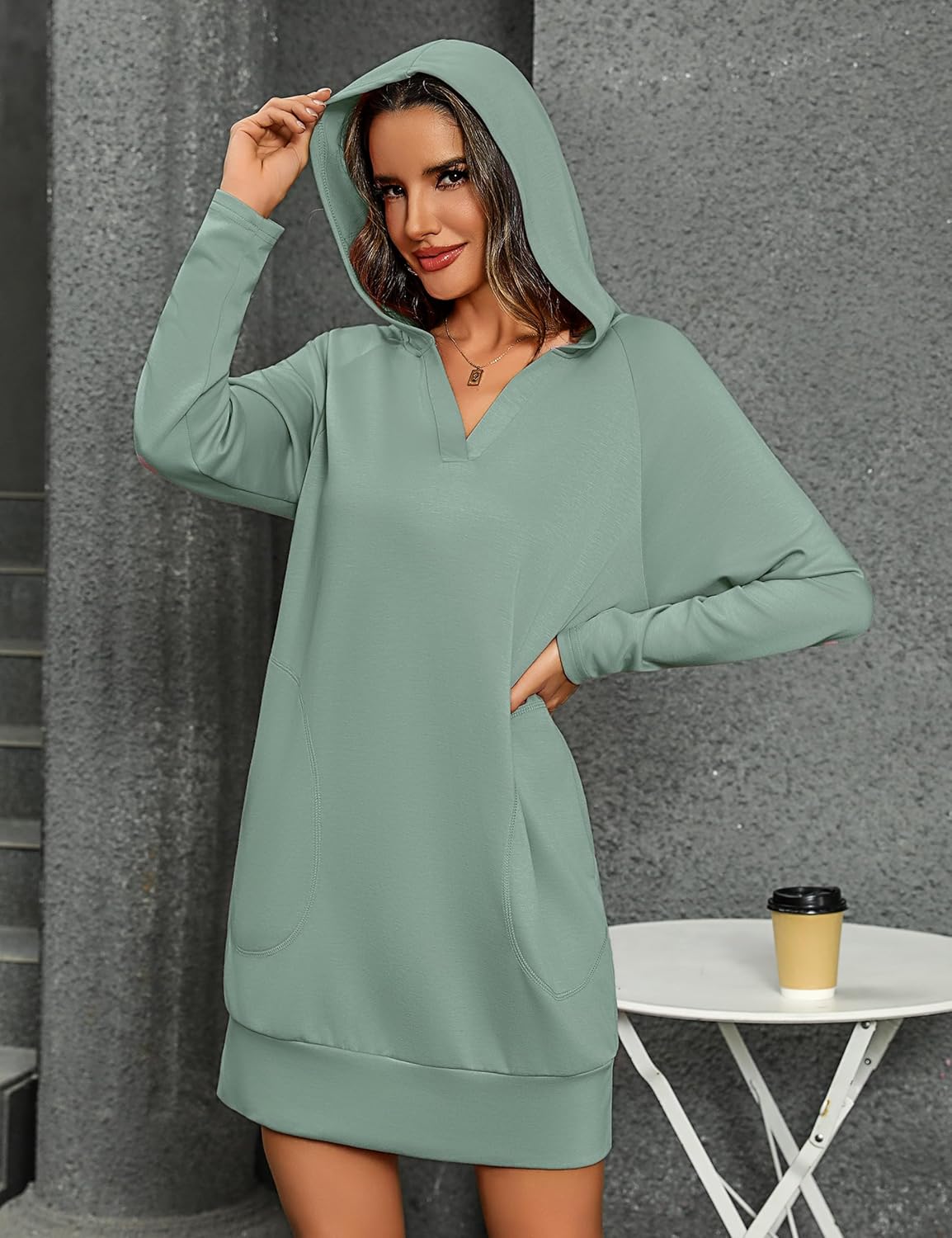 Totatuit Women Oversized Hoodies Dress Casual Long Sleeve V-Neck Hooded Sweatshirt Dress with Pockets 2025 Fall Outfits - Image 3