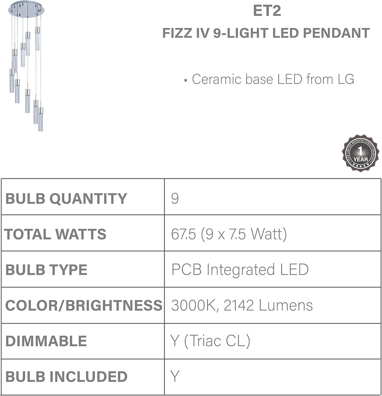 40% оƒƒ Dіѕсоunt ET2 E22779-91PC Fizz IV Bubble Glass Cylinder LED Round Pendant Ceiling Lighting, 9-Light 67.5 Watts, Chrome