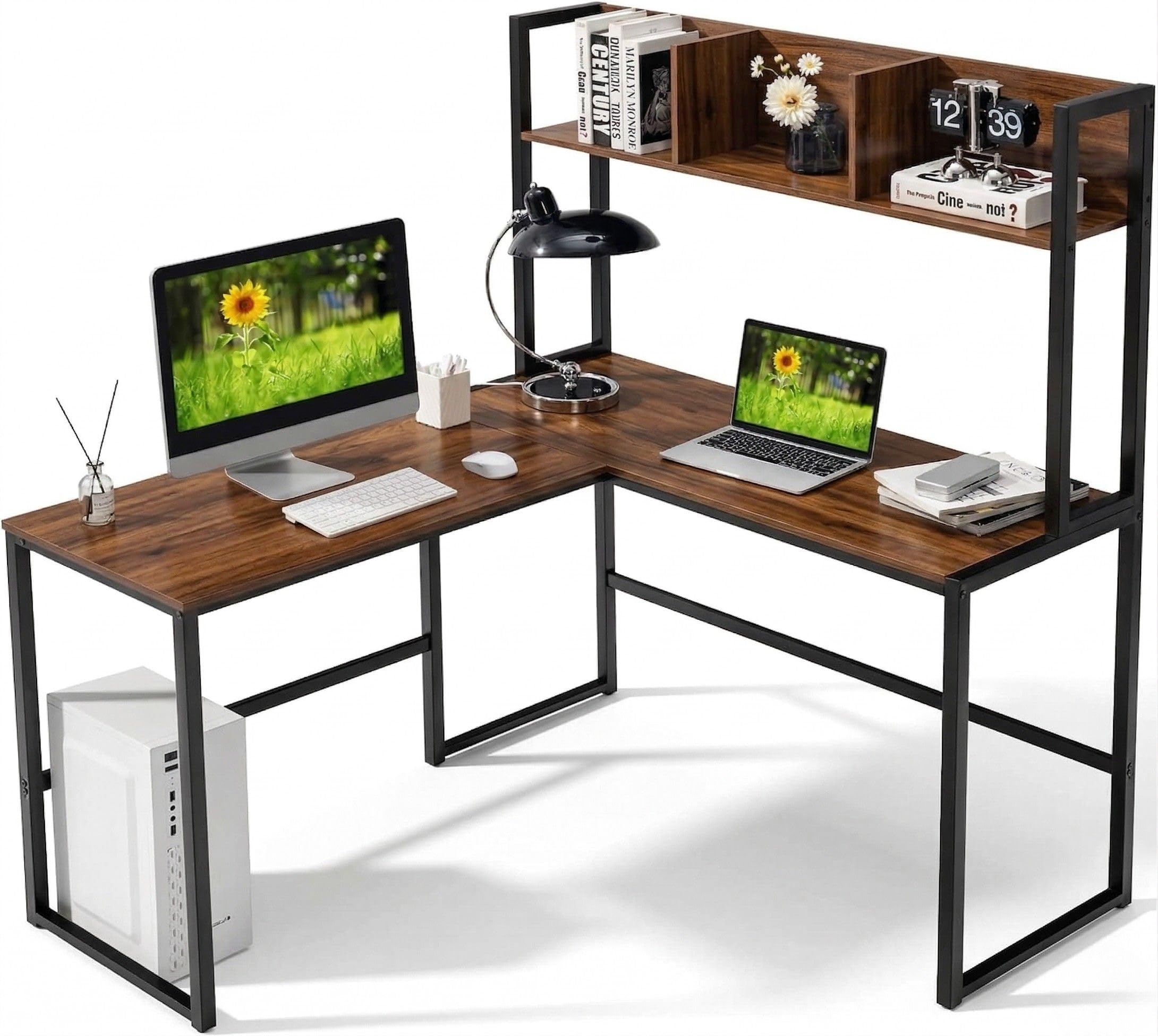 DESKIZIA Office Study Table| Reversible L Shaped Corner Workstation Table for Home with Hutch| Computer Desk with Storage Shelves & Bookshelf| Rustic Brown & Black | 140 x 50 x 150 CM