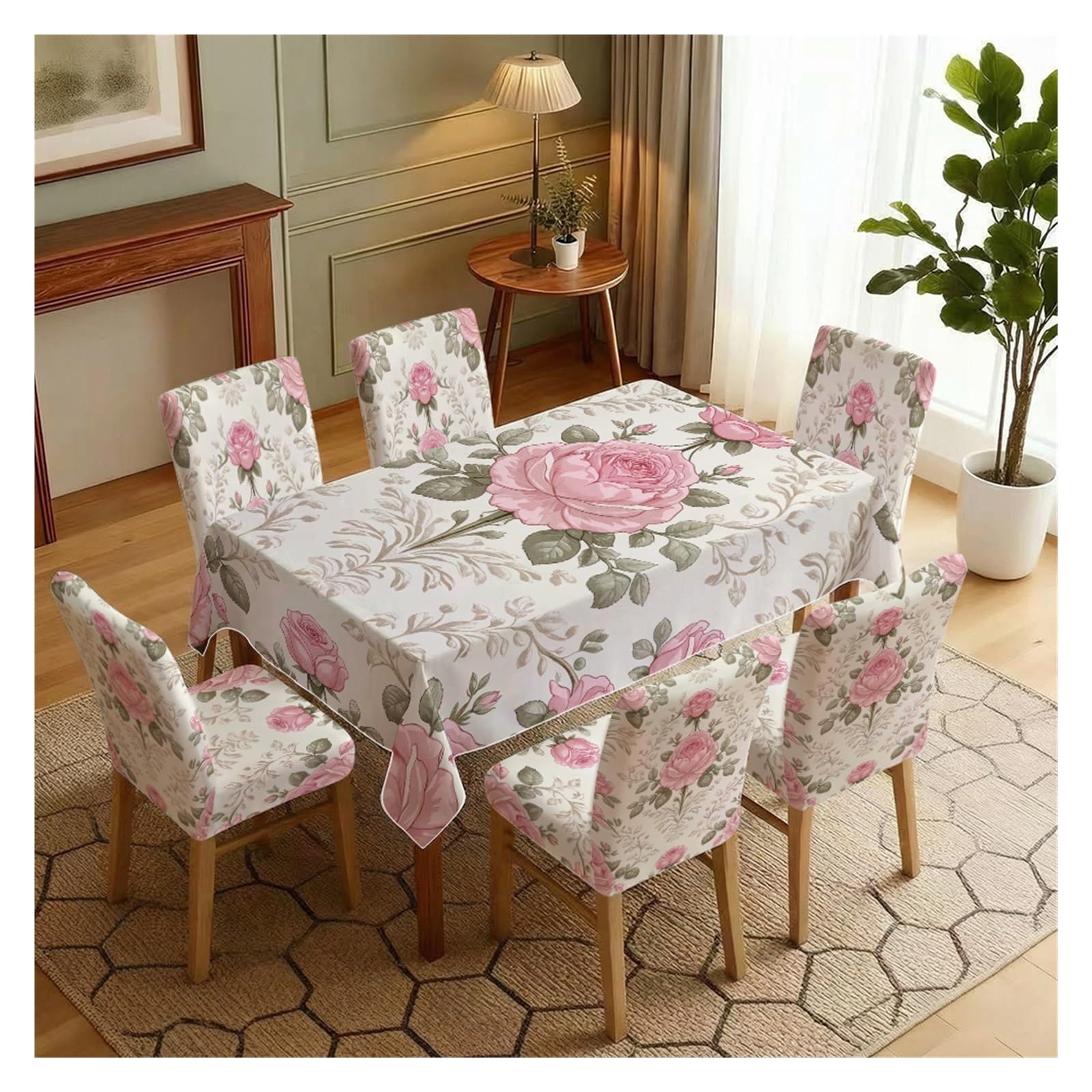 KXUAUV Vintage Pink Rose Print Tablecloth & Chair Covers Set, Slipcovers For Dining Room, Kitchen, Bridal & Cottage Decor, 5/7 Pack Party Decor(7pcs Set: Tablecloth+Chair Covers)