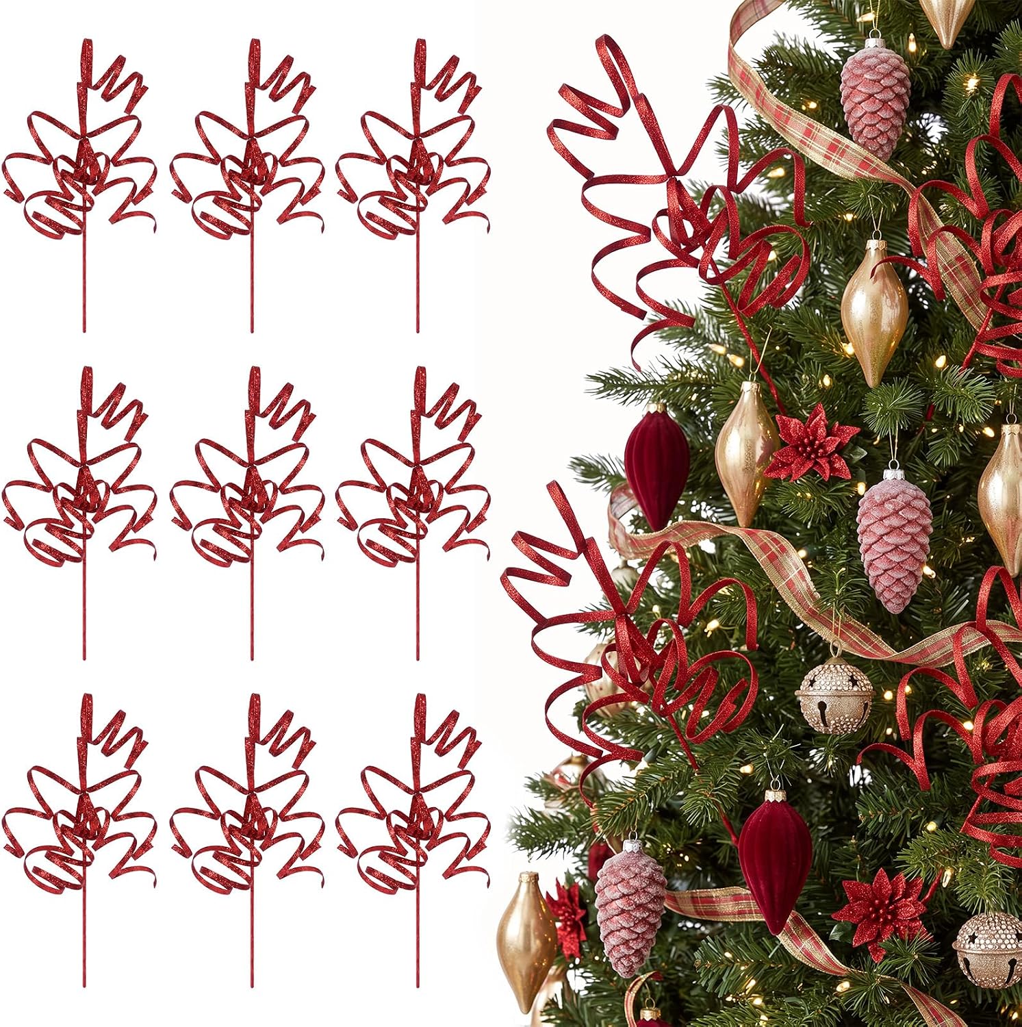 Norme 12 Pcs Glitter Curly Christmas Picks 16 Inch Sparkle Curled Spray Branches Adjustable Ribbon Twigs for Christmas Tree Wreath Floral Holiday Decor(Gold)