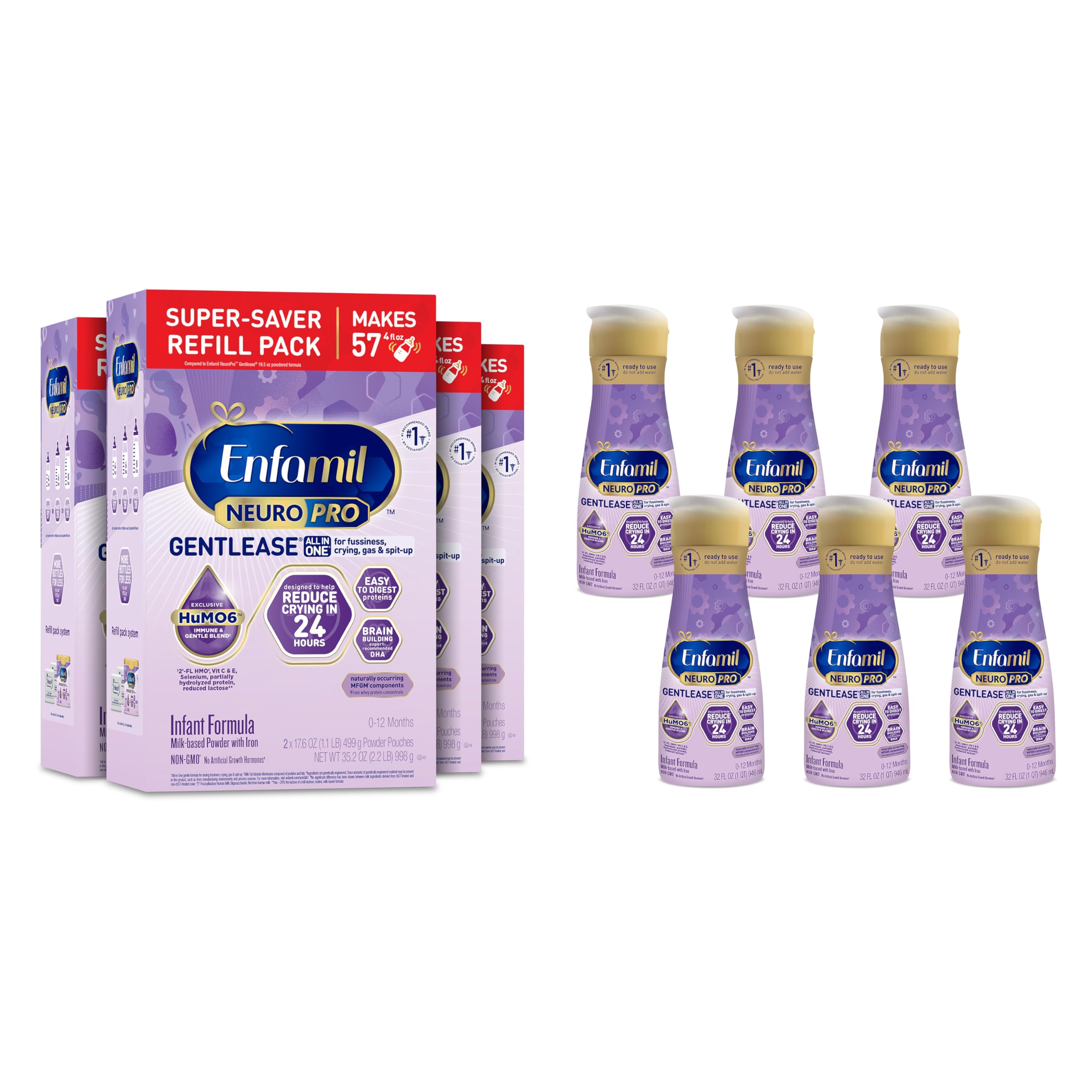 EnfamilNeuroPro Gentlease Baby Formula, Brain Building DHA, Reduce Fussiness, Crying, Gas & Spit-up, Infant Formula Powder, 35.2 Oz (Pack of 4) + Ready-to-Feed Formula, Liquid, 32 Fl Oz (6 Count)