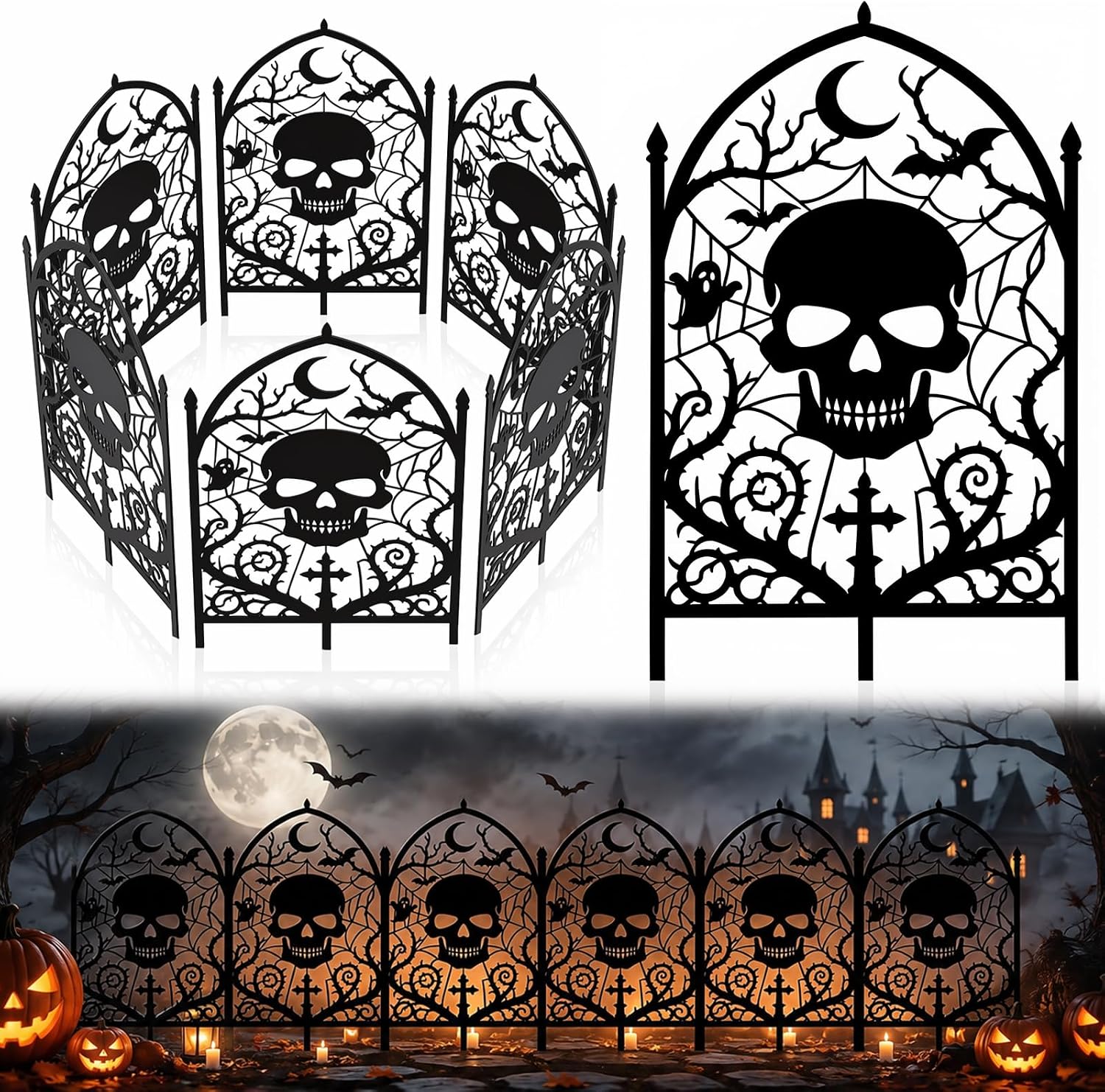 6 Pcs Halloween Graveyard Skull Fence, 17.7"h x 11"w Metal Decor with Stake