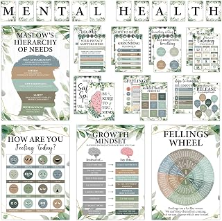 Eucalyptus Mental Health Posters for Growth Mindset Educational Classroom | 30Pcs Inspirational Psychology Therapy Counseling Bulletin Board Classroom School Office Decor