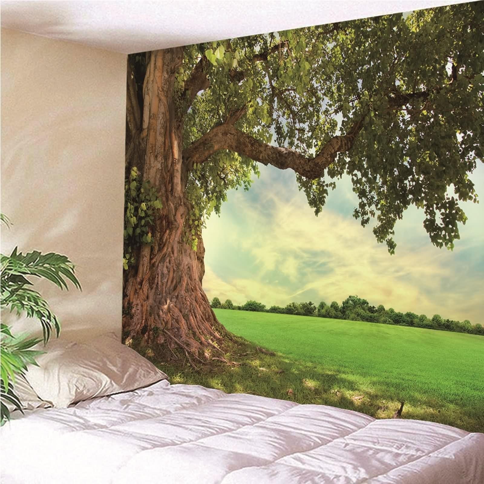 Arazzo verde estetico, arazzo da parete estetico con grande albero sulla prateria, in poliestere, decorazione per la casa, 240 x 220 cm