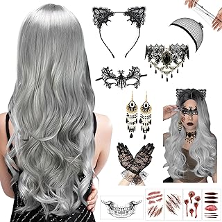Ligtmor Perücke Halloween Damen，Halloween Accessoires Damen，68 cm Lange Graue Gewellte Perücke Damen，Kann mit Halloween Ko...
