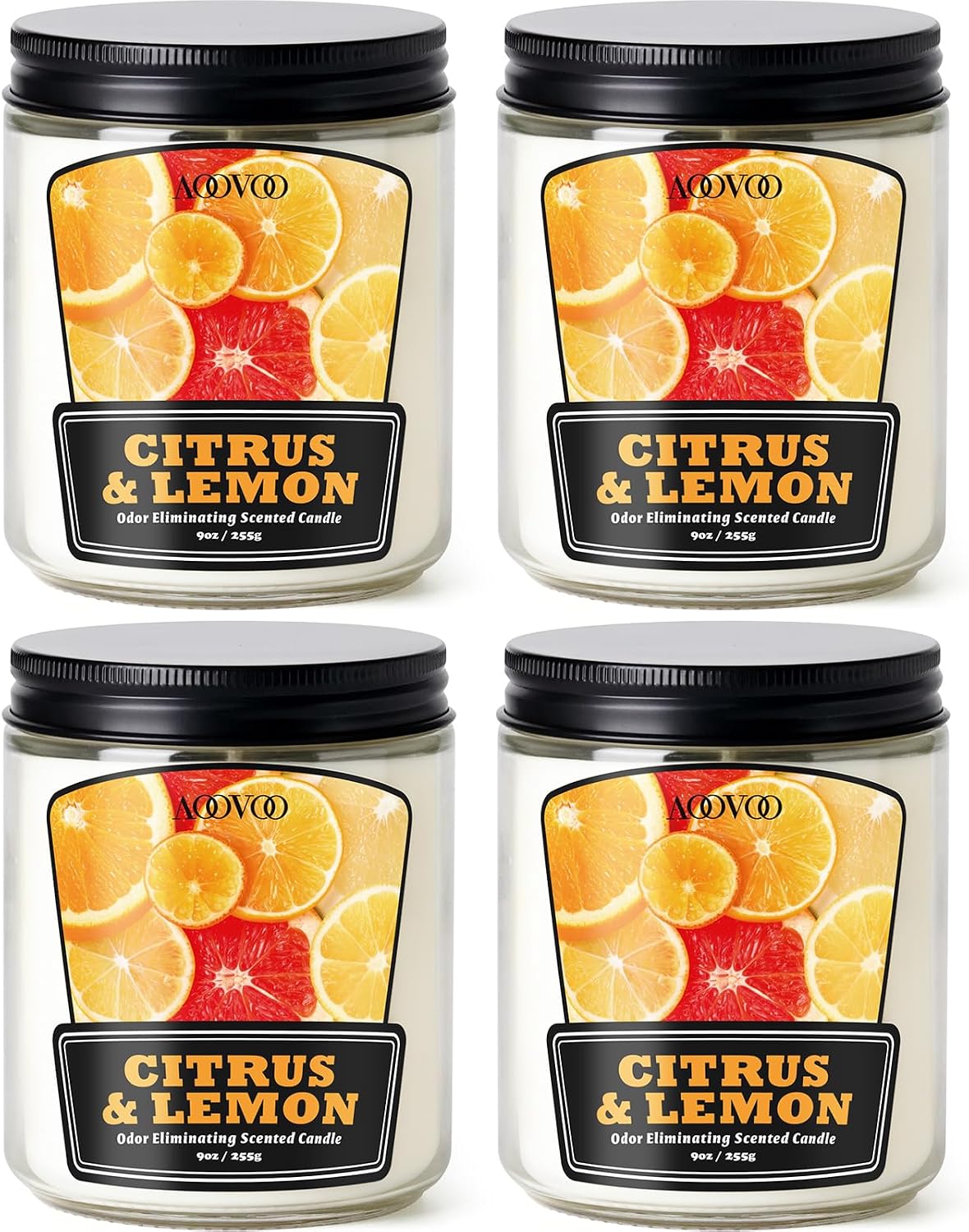 AOOVOO 4 Pack Odor Eliminating Candle - Up to 200 Hours Burn time, Eliminates 95% of Pet, Smoke, Food, and Other Smells Quickly, 36 oz Non Toxic Highly Fragranced Air Freshing Soy Candle