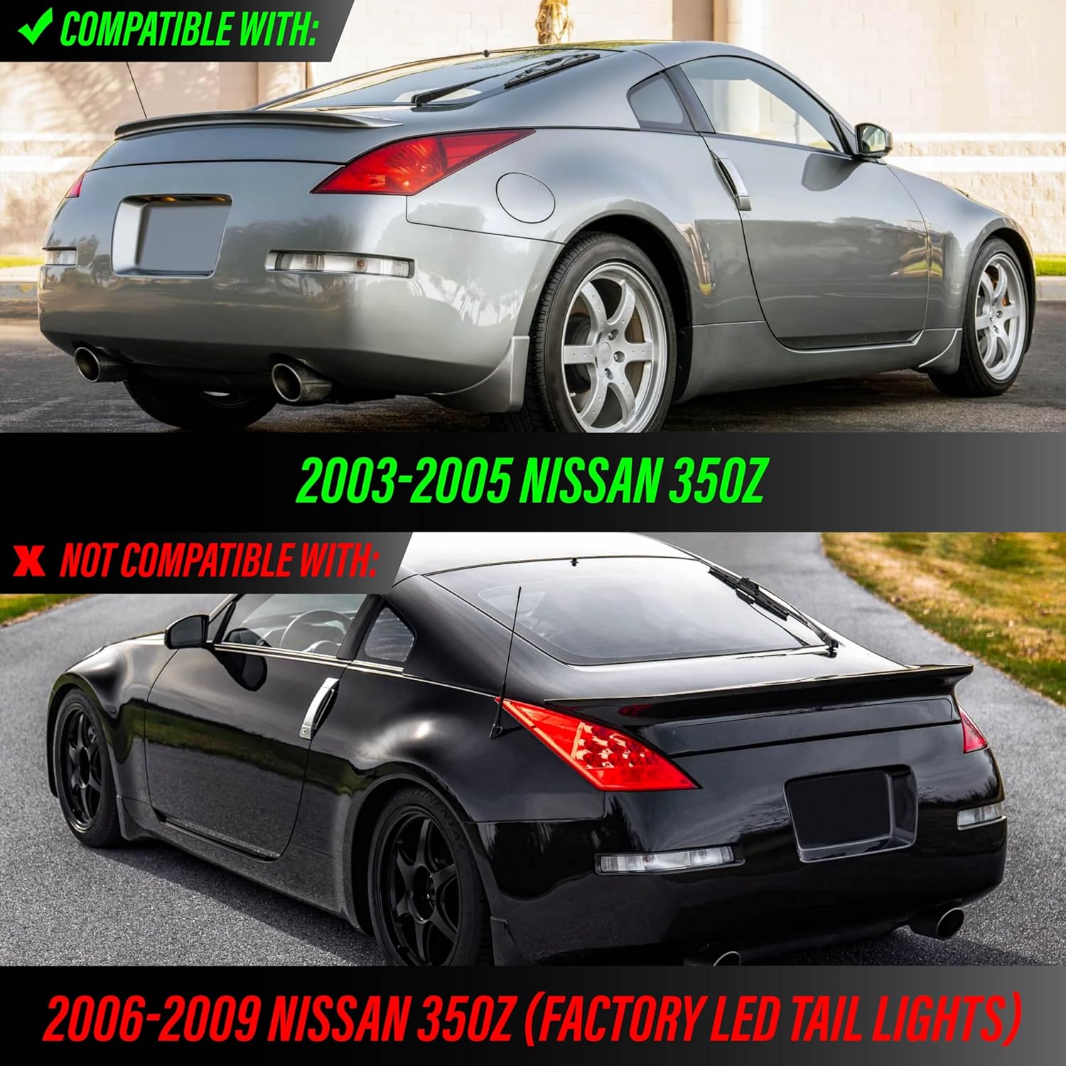 USR 03-05 Z33 Tail Light – “Z Shape” RED LED Output Rear Lamps (Left + Right) Pair - Compatible with 2003-2005 Nissan 350z Z33 Pre-Face All Z Models (MONOCHROME BLACK & CLEAR LENS JDM TAIL LIGHTS)