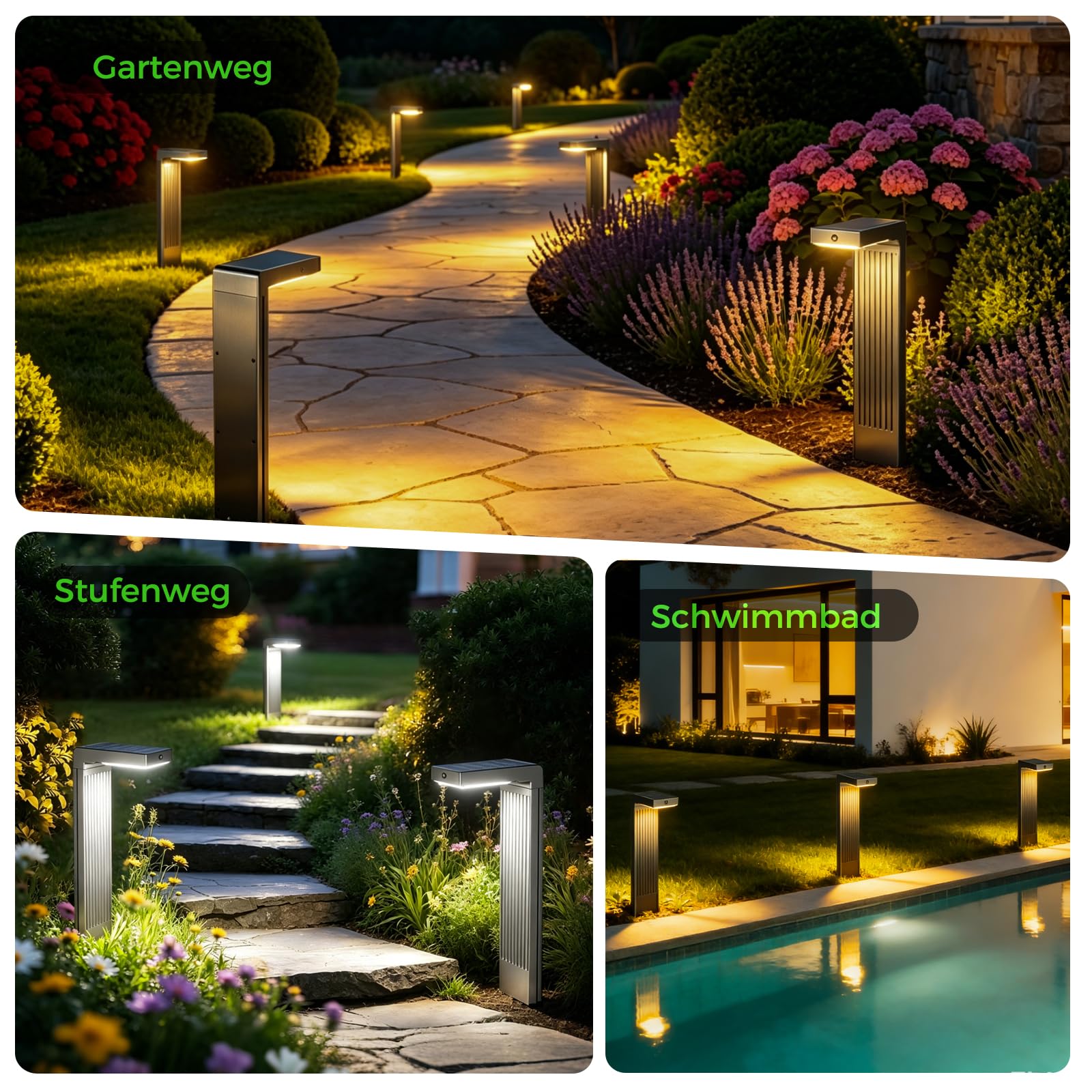 Solarlampen für Außen 4 Stück, 400LM Garten Solarleuchten mit Bewegungsmelder, 2-Phasen-Farbwechsel (3000K/6500K) LED, IP65 wasserdicht für Hof, Einfahrt & Wege