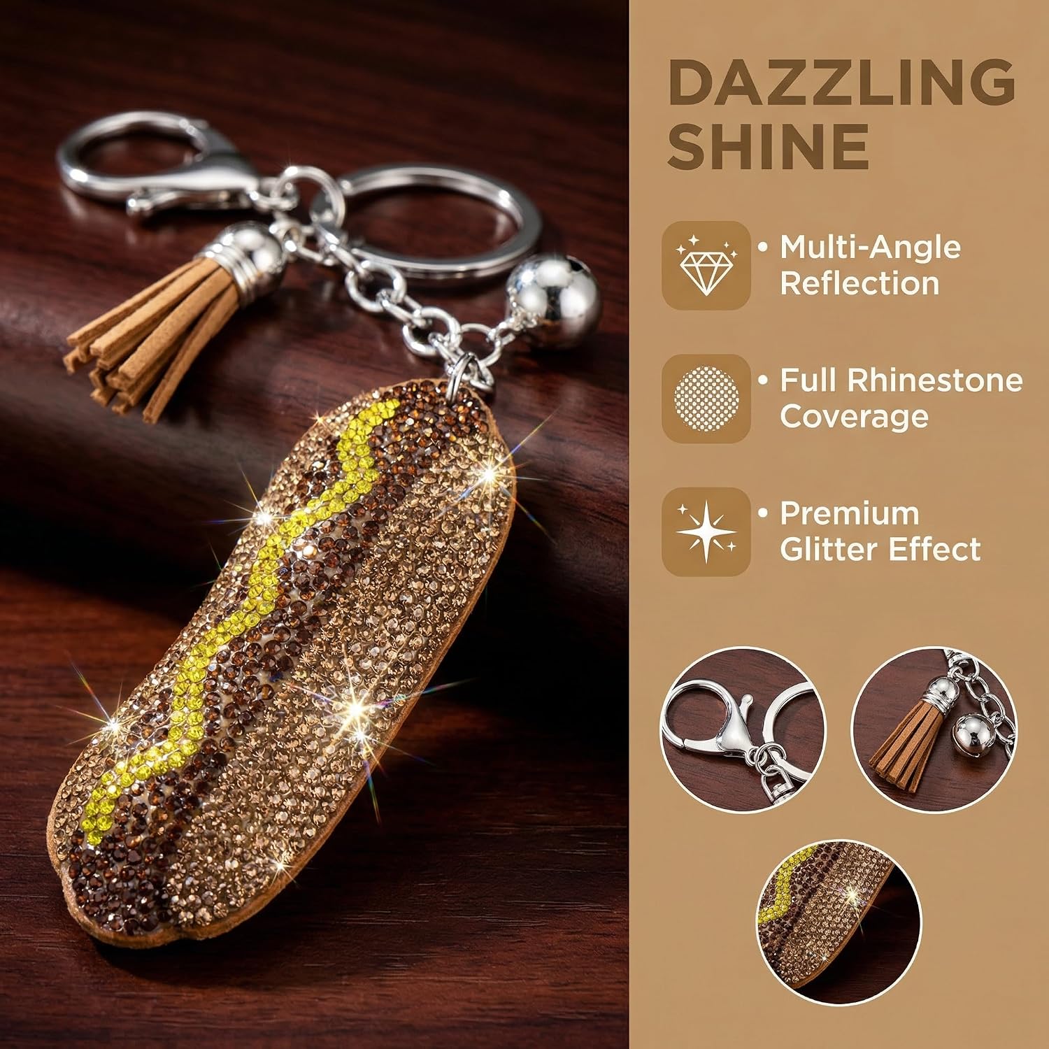 Hot Dog Keychain Western Bling Bag Charm for Women Charms with Tassel for Purse Accessories Rhinestone Sparkle Handmade Keyring