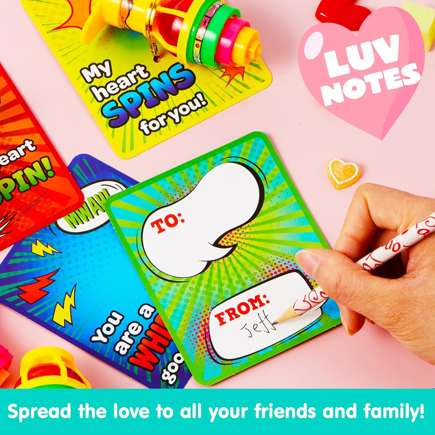 JOYIN 28 Packs Valentine's Day Gift Cards with Light Up Spinning Tops, LED UFO Gyroscope Flashing Lights for Valentine Party Favors, Classroom Exchange Prizes, Kids School Toys