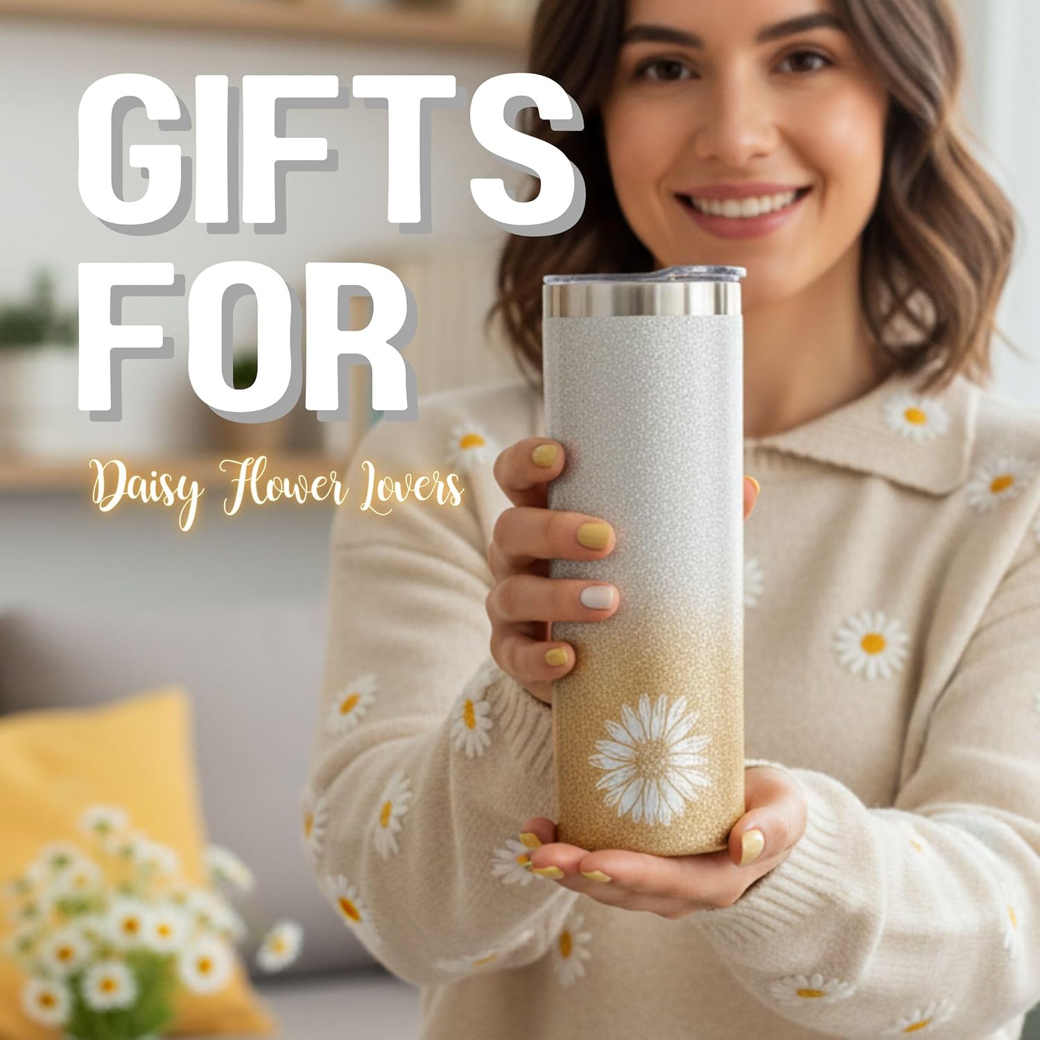 Onebttl Daisy Gifts for Women, 20oz Daisy Flower Tumbler with Lid and Straw, Gift Box and Card Included, Flower Water Bottle, Silver Gold - Image 4