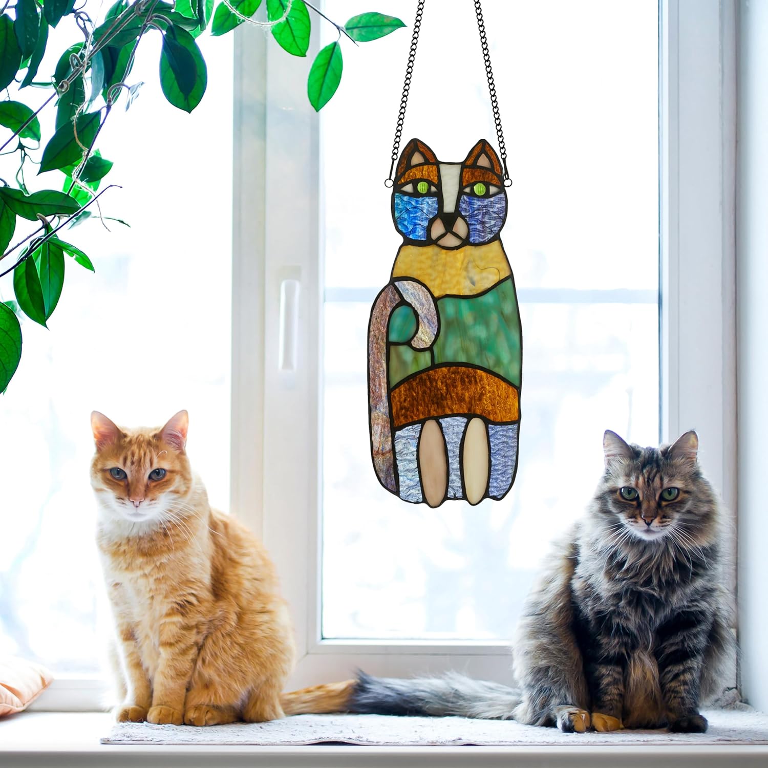 RIVER OF GOODS 13" H Crazy Cat Stained Glass Window Hanging Panel - Handcrafted Suncatcher - Made with Rippled and Striated Glass - Adds Color and Beauty to The Home or Office - Purple