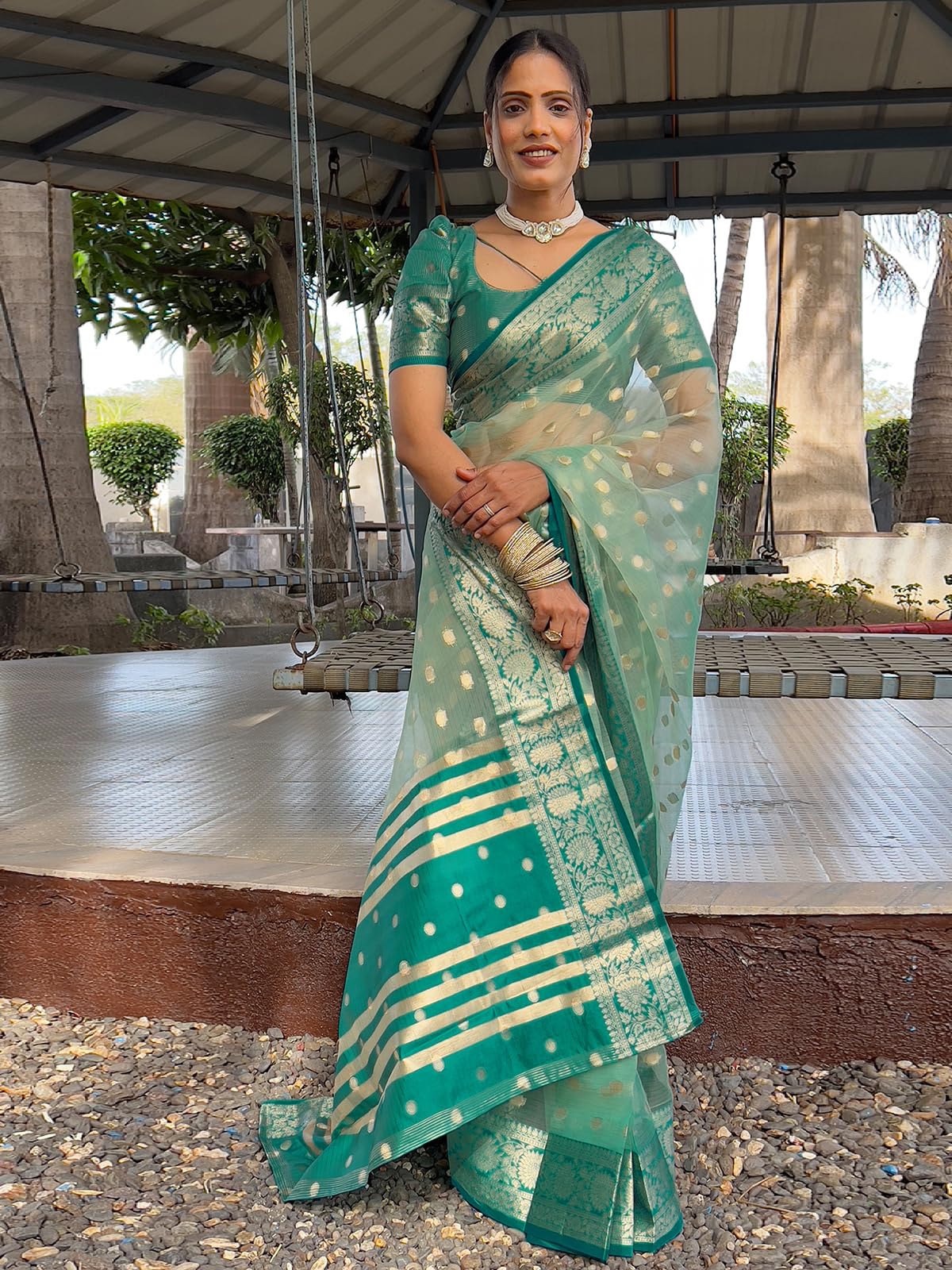Satrani Women's Organza, Silk Blend Weaving Banarasi Saree With Unstitched Blouse Piece (4168S194N_Sea Green1)