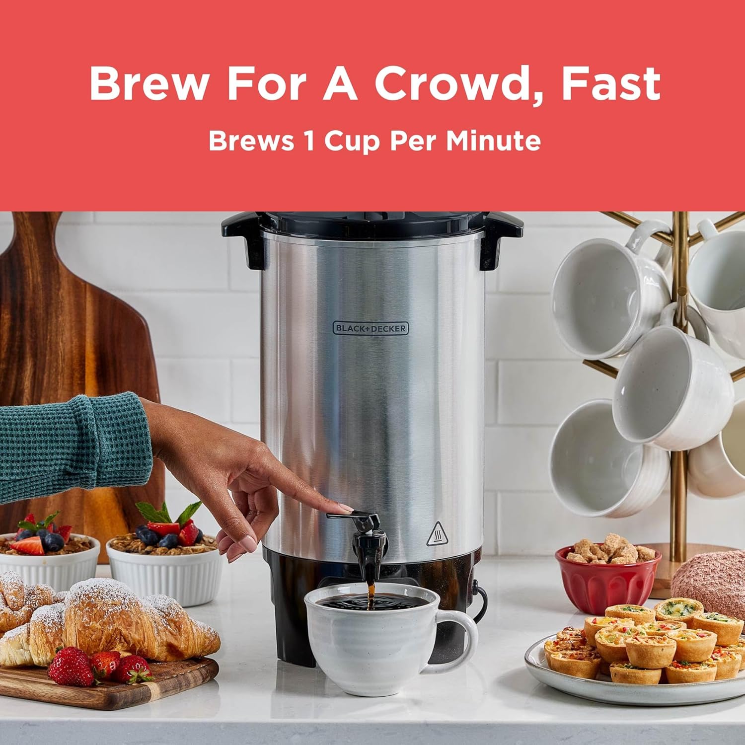 BLACK+DECKER 40 Cup Coffee Urn, Fast Brewing, Aluminum, Keep Warm Function, Heat Resistant Handles, Indicator Light