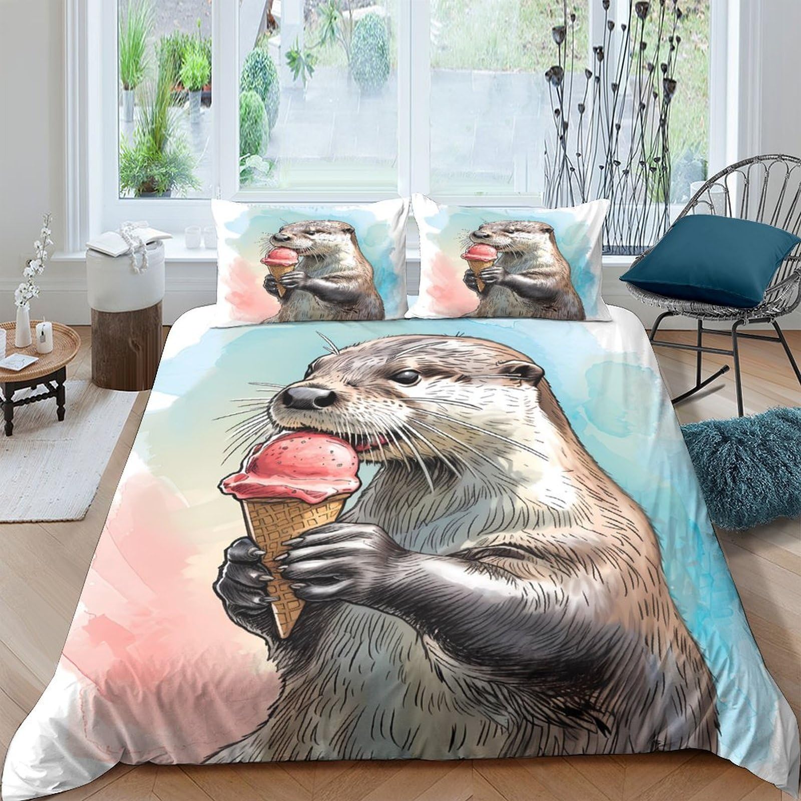 TUFRTGYHN 3D Printed Otter Ice Cream Duvet Cover Set Microfiber Soft Breathable Bedding with 2 Pillowcases for Bedroom Decor, Single（135x200cm）