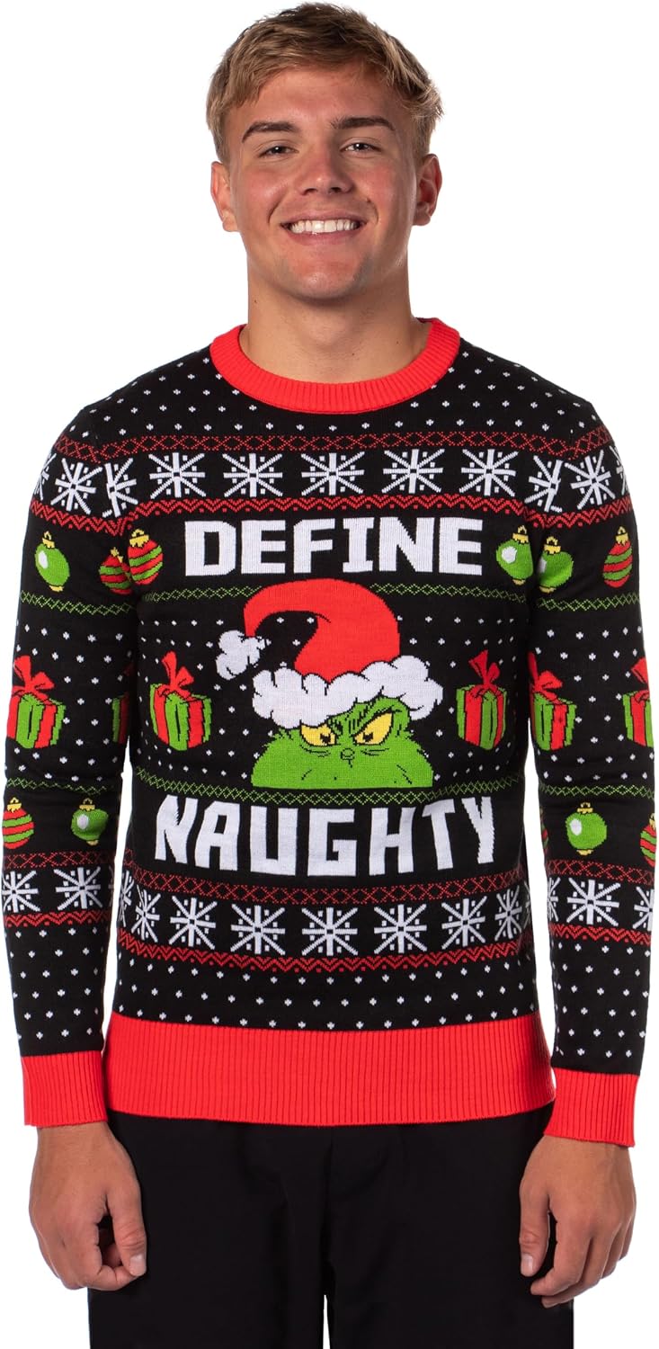 Dr. Seuss Grinch Men's Define Naughty Fair Isle Holiday Ugly Sweater for Christmas