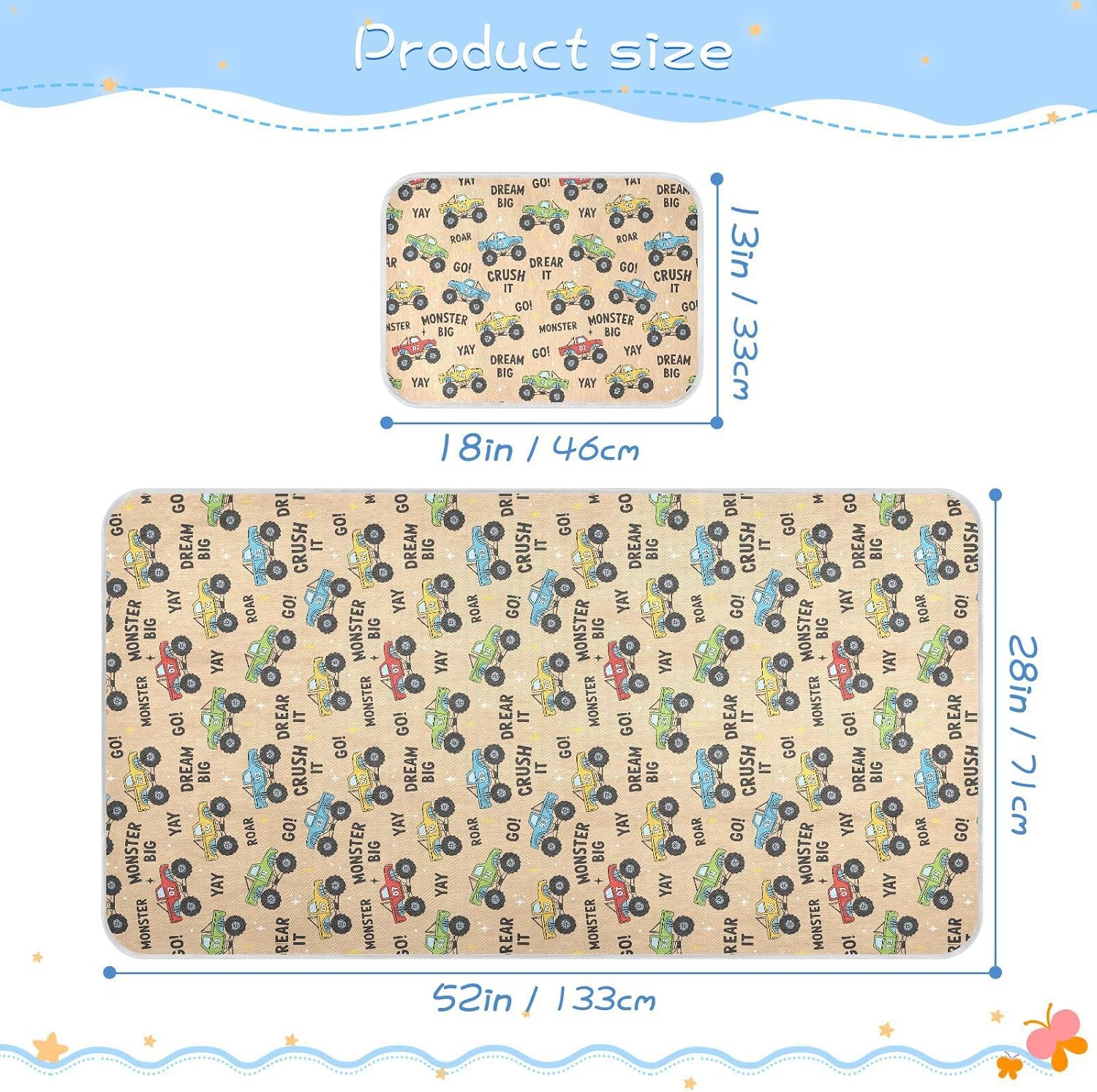 Baby Cooling Mat Colorful Trucks Ice Silk Breathable Mesh Summer Crib Mattress Pad with Pillowcase, Soft Cooling Sleeping Surface for Infant & Toddler, 52"x28"