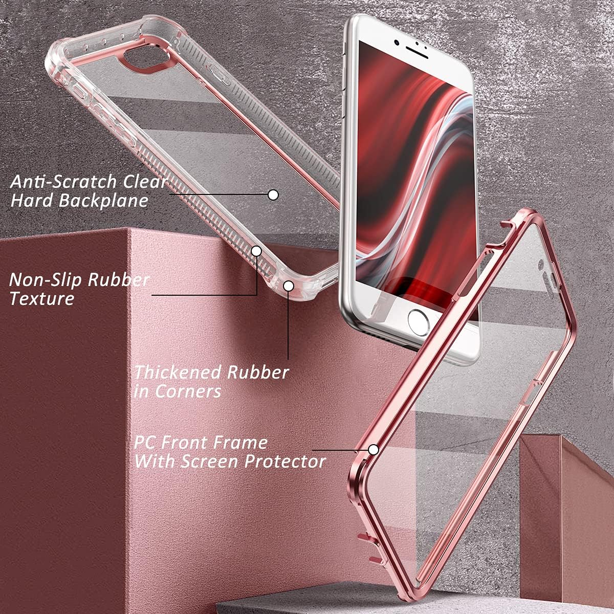 Dexnor for iPhone SE 2022 Case,SE 2020 Case, iPhone 8/7 Case with Screen Protector Clear Rugged 360 Full Body Protective Shockproof Hard Heavy Duty Case for iPhone SE (2022/2020)/8/7 -Metallic Pink