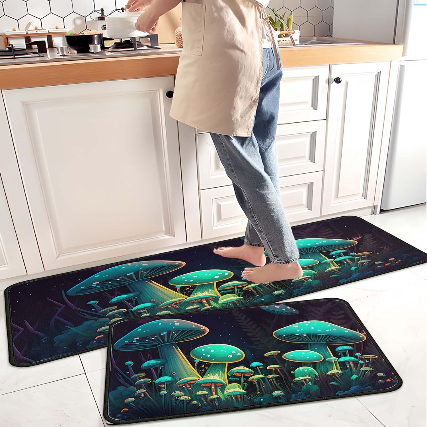 Mushroom Forest Kitchen Rug Set 2 PCS | Non-Slip, Waterproof & Stain-Resistant Kitchen Mats | Forest Style Mats for Kitchen, Sink, Laundry Room 17"x47"+17"x30"