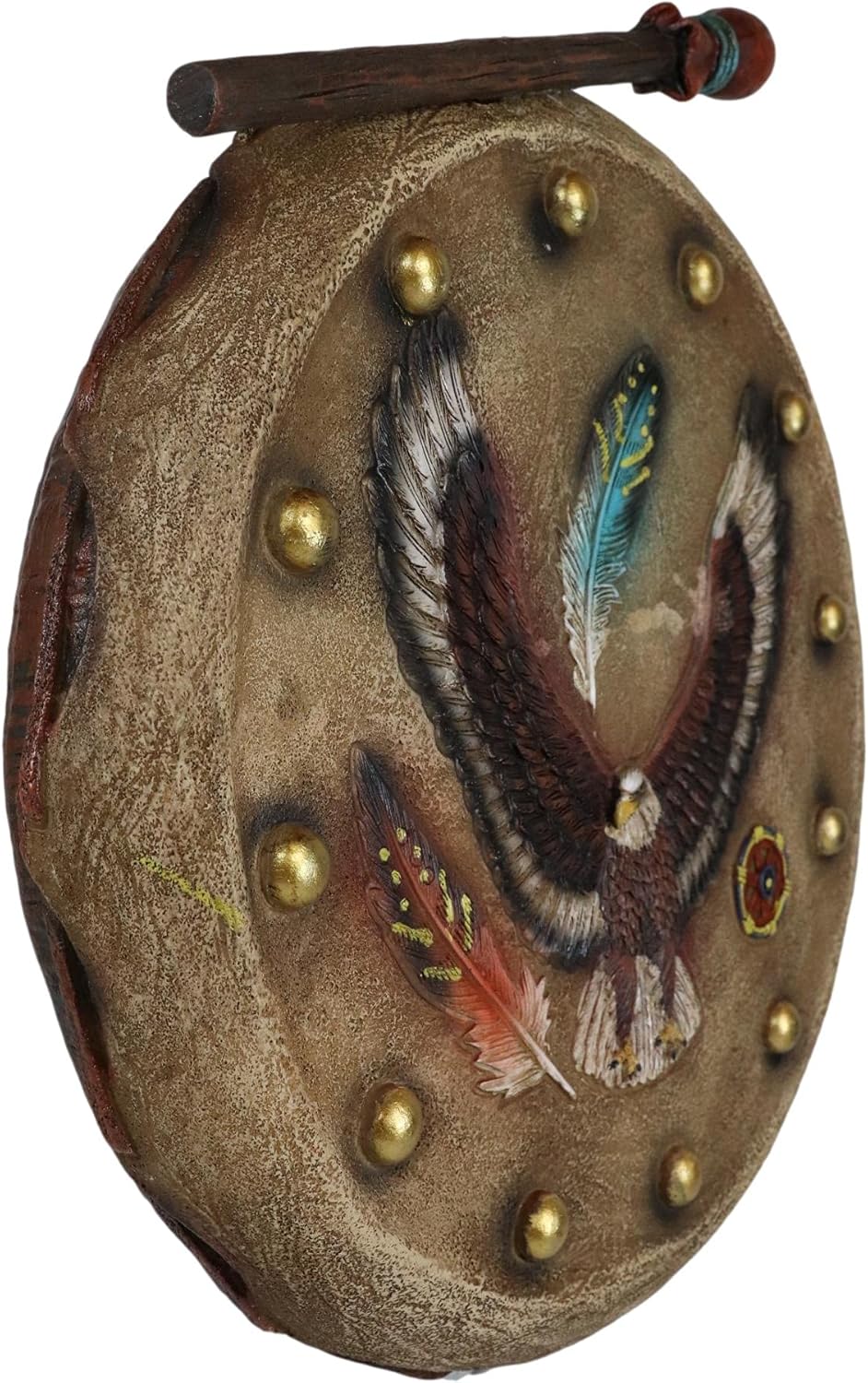Ebros Native American Indian Soaring Eagle and Feathers Warpath Drum Shield and Stick Wall Sculpture Figurine 10.75" High Dreamcatcher Themed Plaque Decor Dream Catcher Decoration