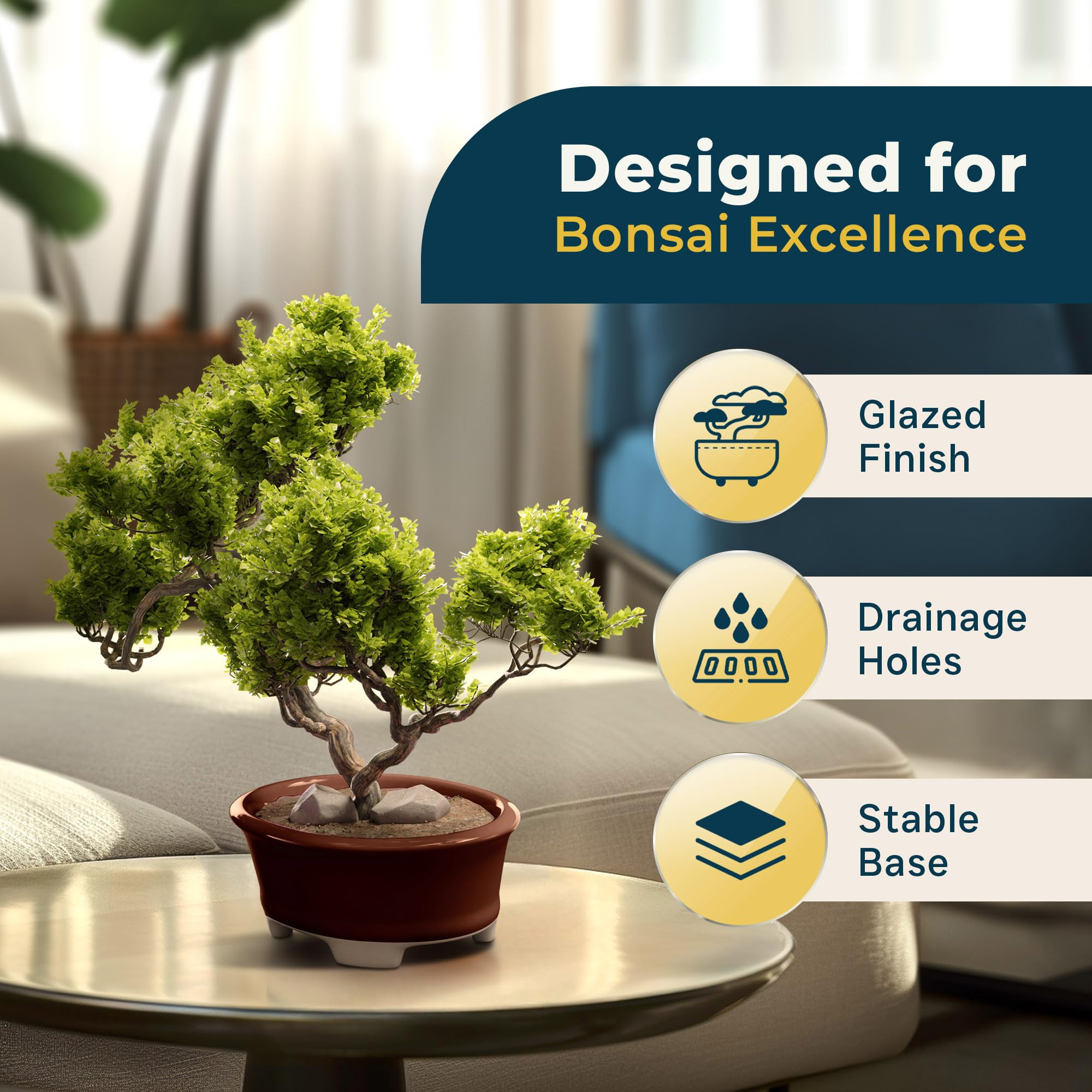 Glazurowana ceramiczna doniczka bonsai - ozdobna donica do karłowatych drzew, sukulentów i małych roślin - brązowy owalny pojemnik idealny do ogrodu wewnątrz i na zewnątrz, ozdoby stołu i parapetu