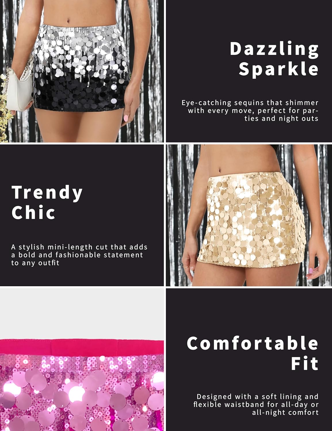 MANER Women's Sequin Mini Skirt Sparkle Stretchy Bodycon Night Out Party Skirts - Image 4