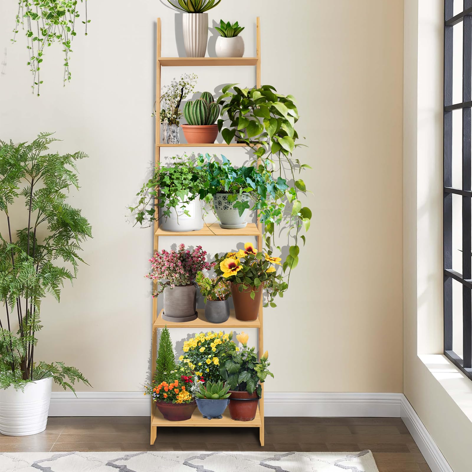 5 Tier Display Shelf 5-Tier Bamboo Ladder Shelf - Wall-Leaning Corner ...