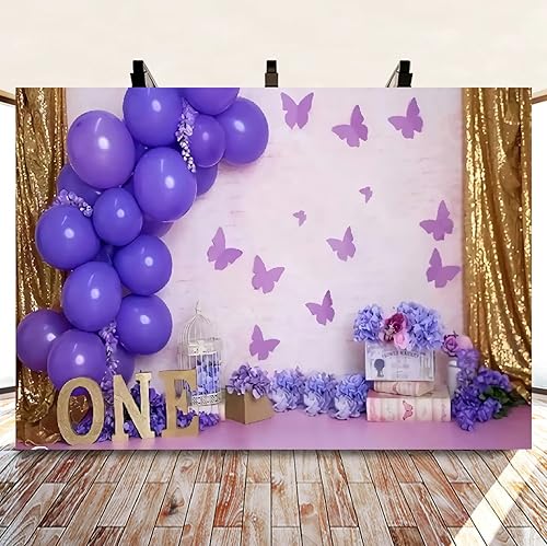 Miniatura 2 de Telón de fondo morado, globo morado, mariposa, flores de papel para niñas y niños, telón de fondo para fiesta de primer cumpleaños, cortina dorada,